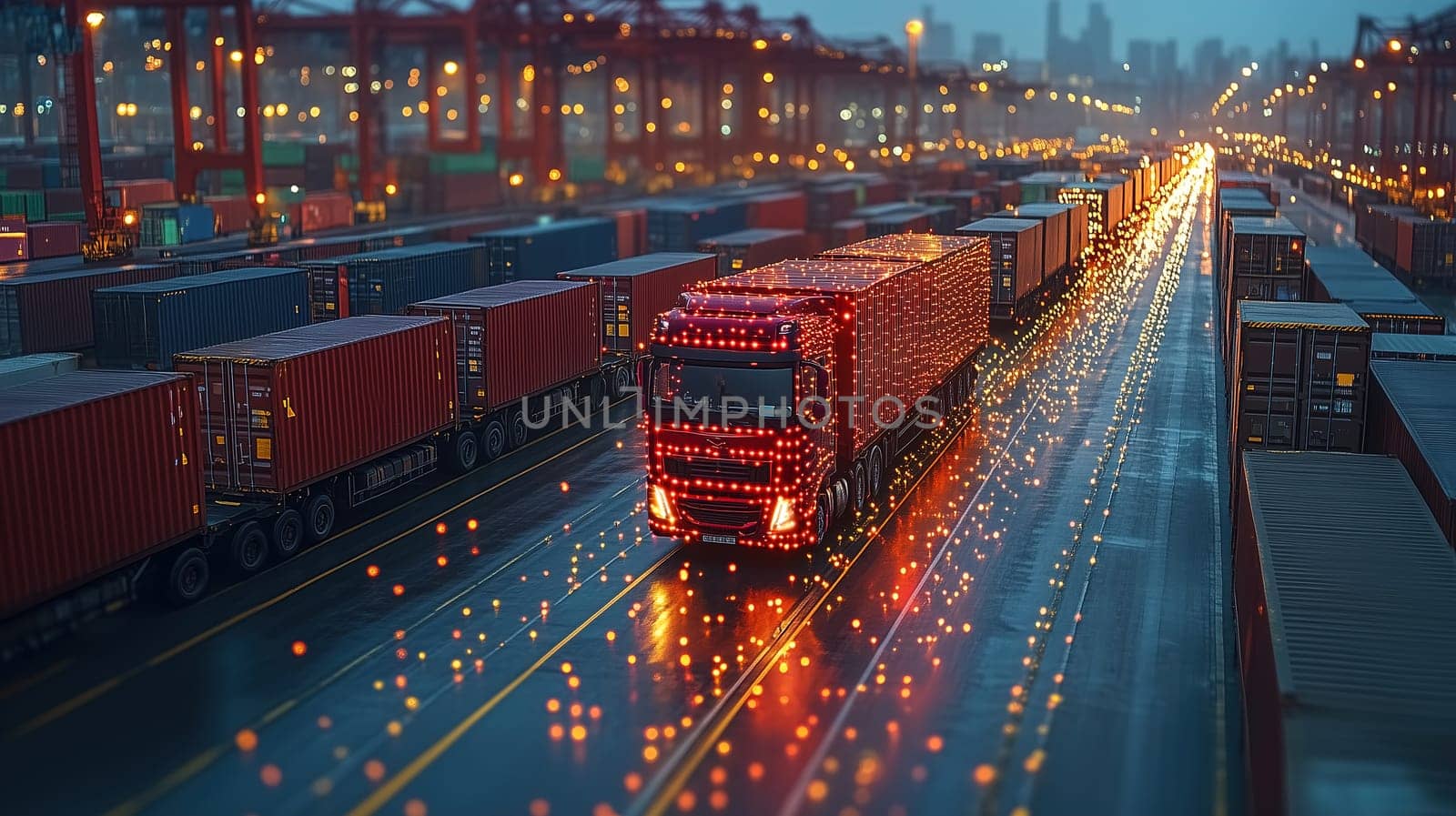 Trucks transport cargo along a bustling shipping terminal during twilight. The wet pavement reflects lights from the surrounding containers, creating a lively atmosphere.