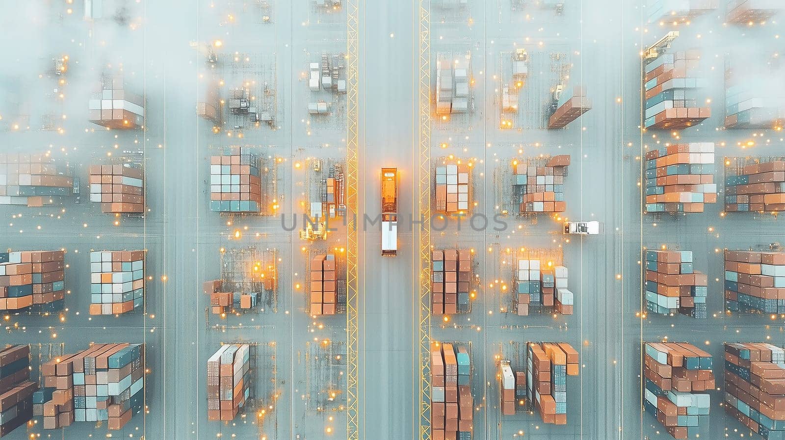 An aerial view of a bustling cargo terminal shows trucks weaving through a grid of shipping containers. Morning mist envelops the area, creating a lively atmosphere.