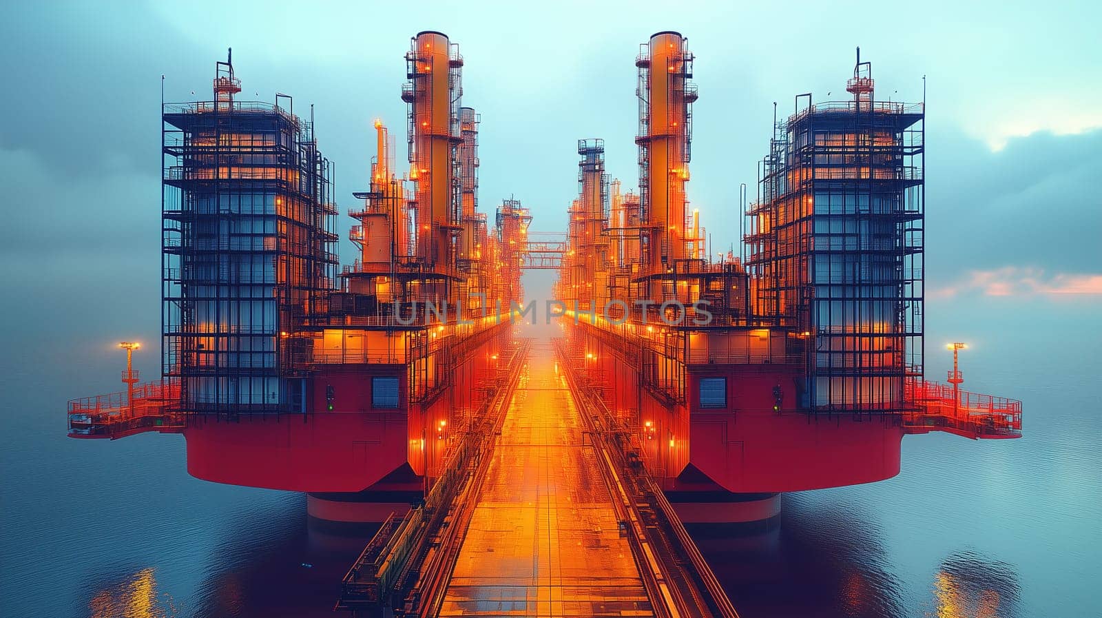 Two large oil rigs stand majestically in the sea during twilight, their bright lights creating a striking contrast against the darkening sky and water.
