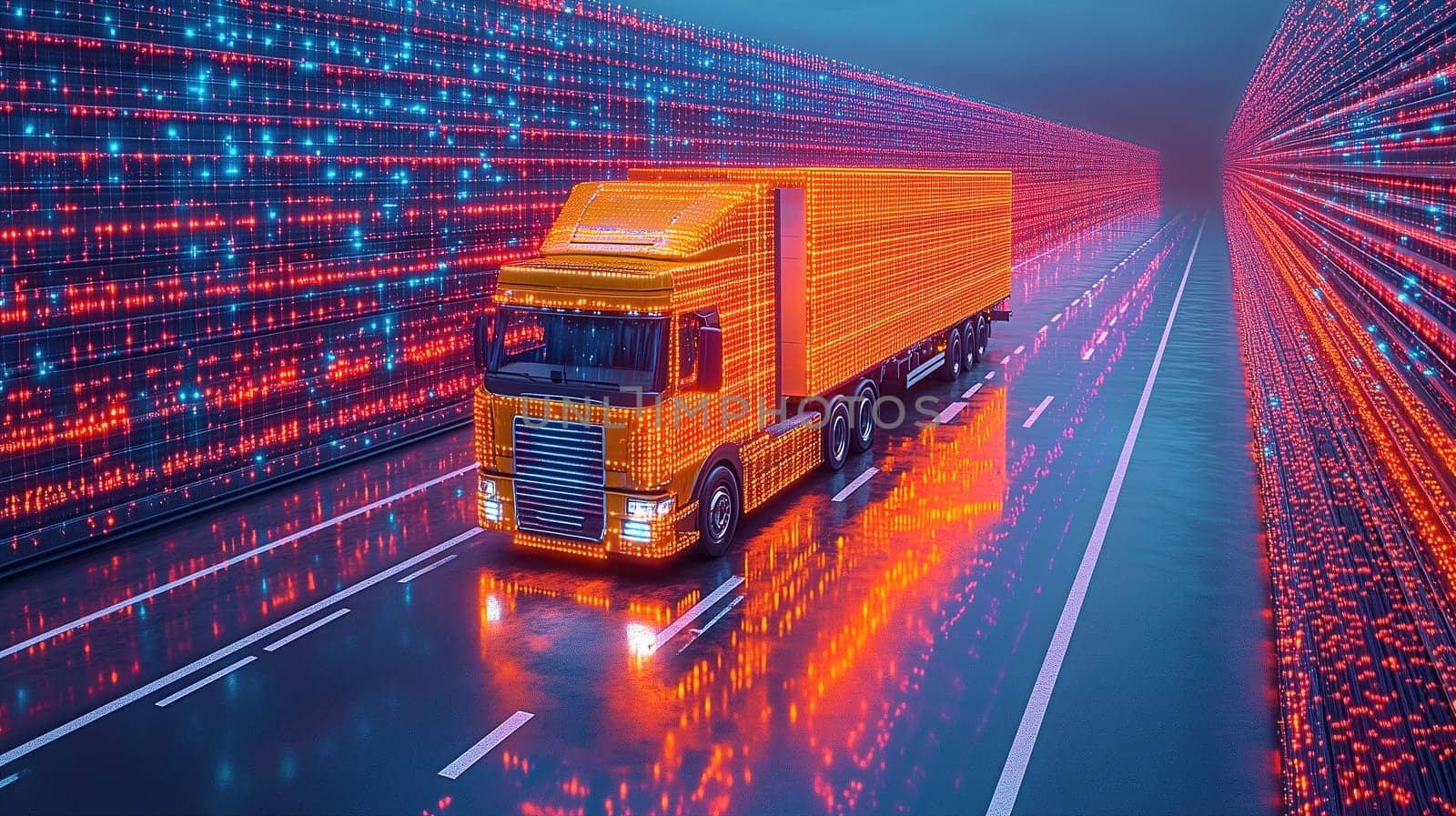 A vibrant truck with a glowing exterior moves through a dazzling neon corridor filled with colorful light patterns.