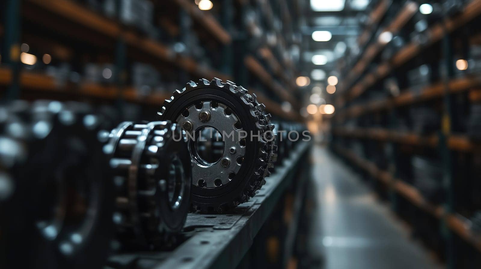 Various industrial gears are neatly placed on metal shelves in a spacious warehouse. The lighting highlights the texture of the gears, emphasizing their metallic finish.