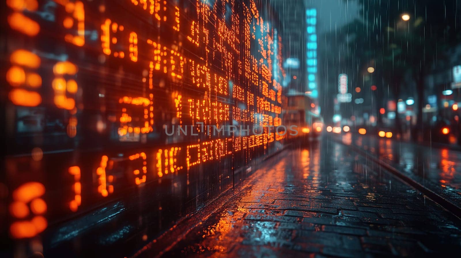 Rain pours over the city streets as neon lights create a vibrant atmosphere. Digital displays shine brightly, reflecting on the wet pavement, enhancing the urban ambiance.