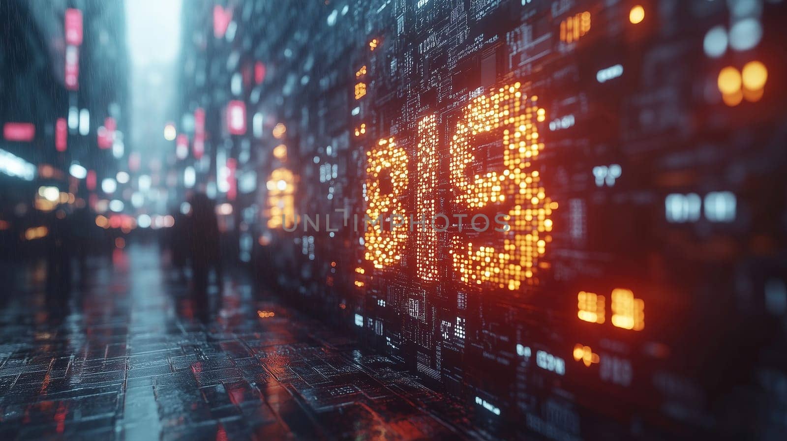 A vibrant cityscape glows with neon lights reflecting on wet pavement, featuring glowing numbers and binary code projected on towering walls. The atmosphere is lively yet mysterious.