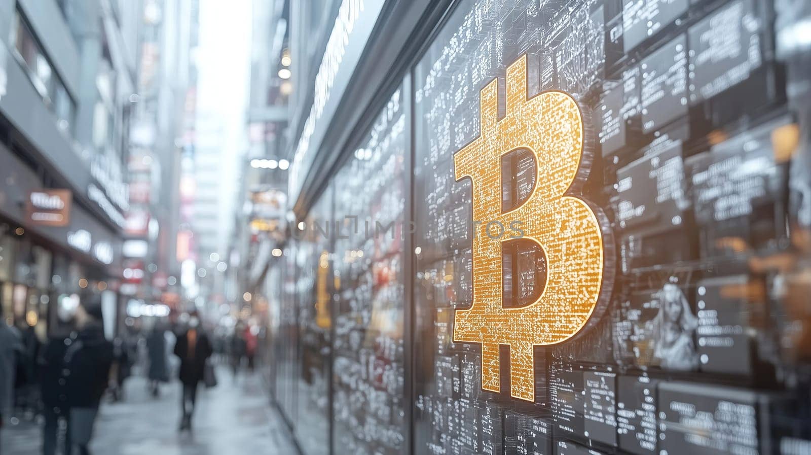 A vibrant bitcoin symbol shines on a busy urban street, surrounded by modern buildings displaying financial data and cryptocurrency charts. People walk past, engaged in their activities.