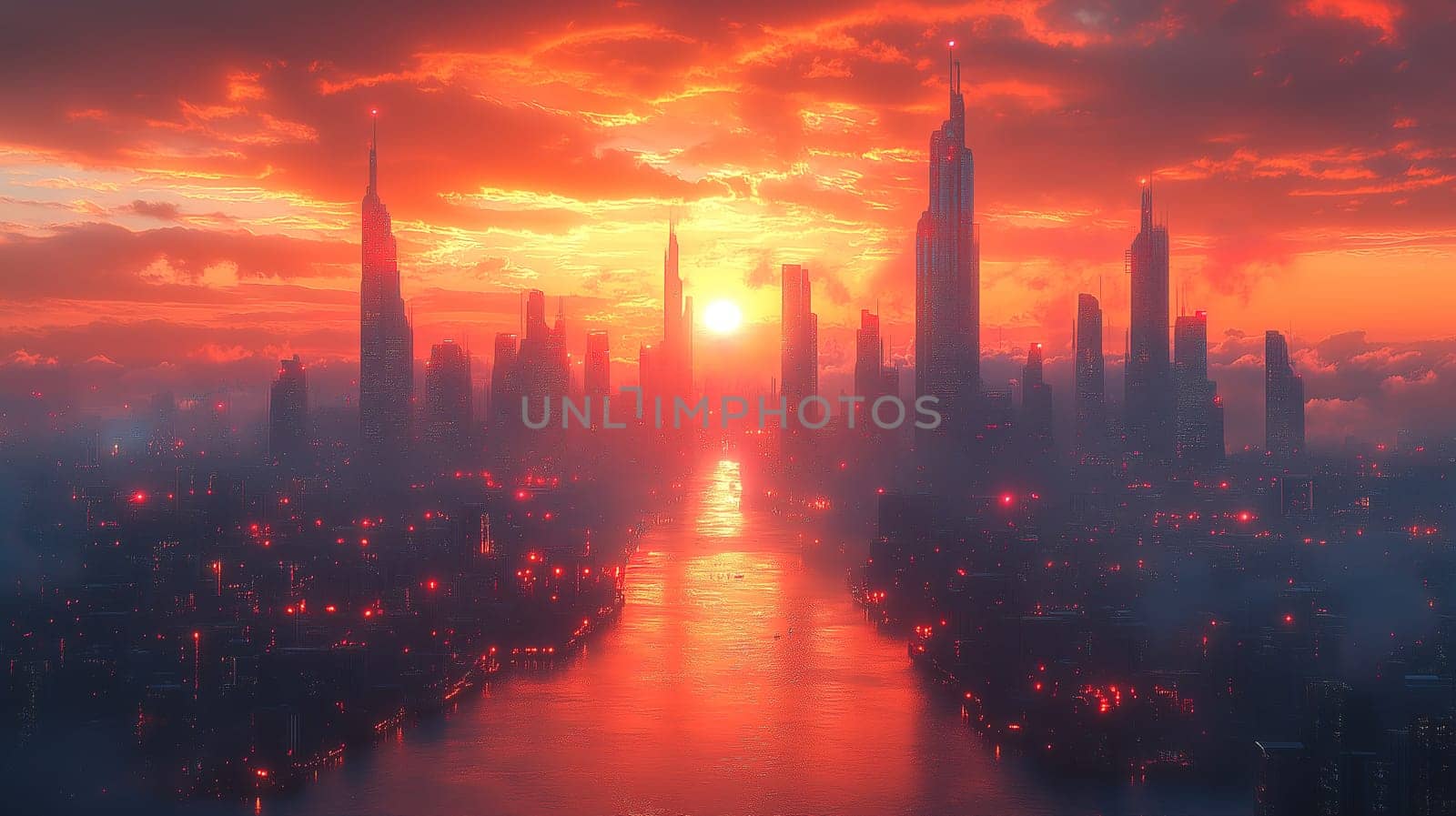 In a breathtaking display, a vibrant sunset casts warm hues over a futuristic city skyline. Skyscrapers reflect the colors, while a calm river flows through the scene, creating a serene atmosphere.