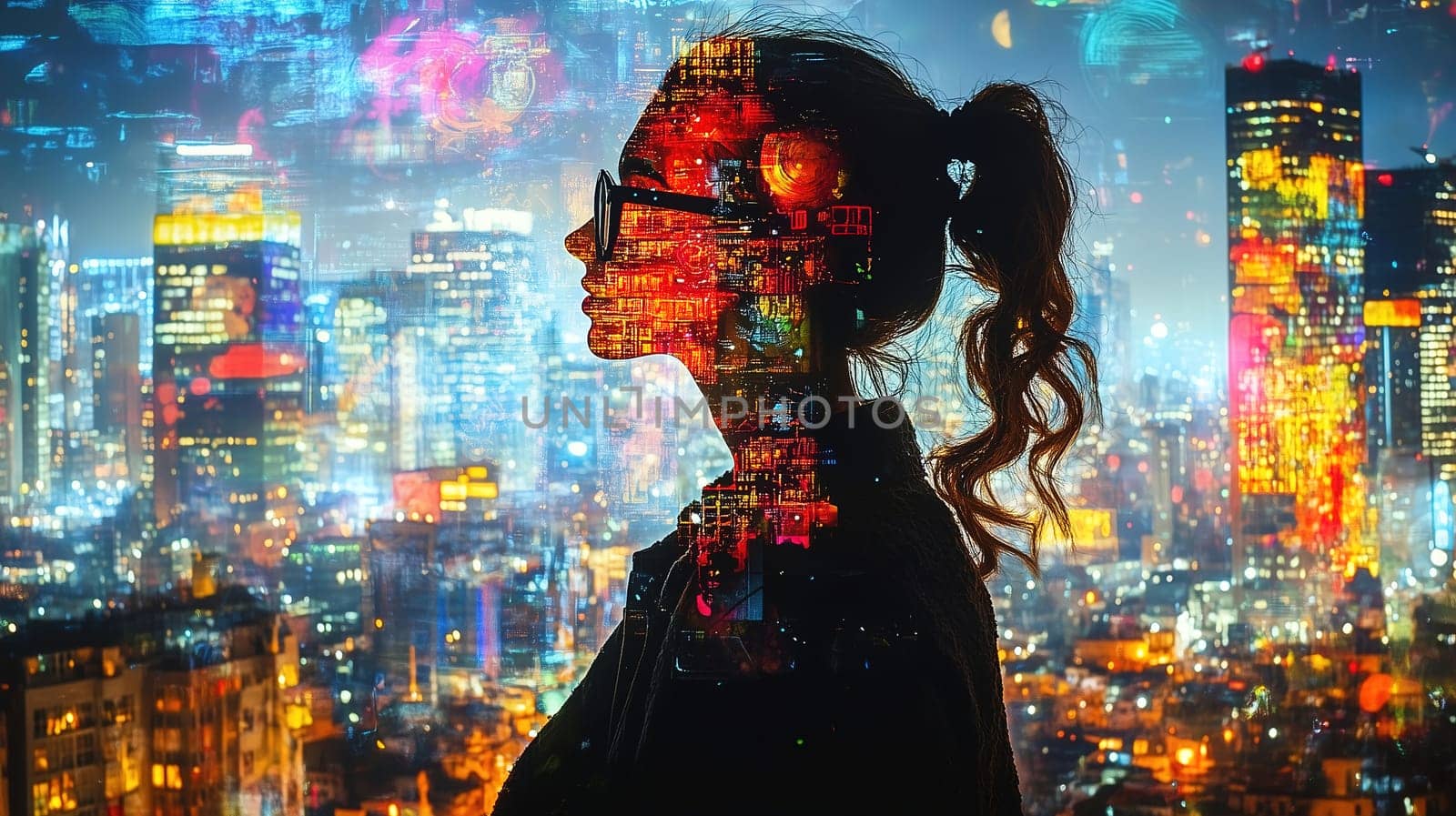 A woman’s silhouette stands against a bright city skyline at night, infused with colorful lights and patterns that reflect the urban energy.