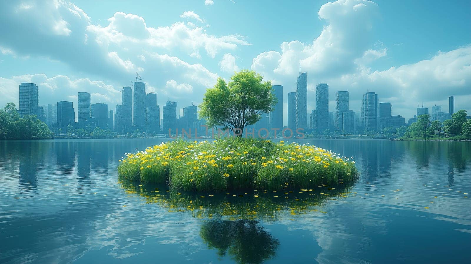 A serene view of a city skyline, mirrored in calm water. An isolated island features vibrant flowers and a single tree, creating a picturesque contrast against the urban backdrop.