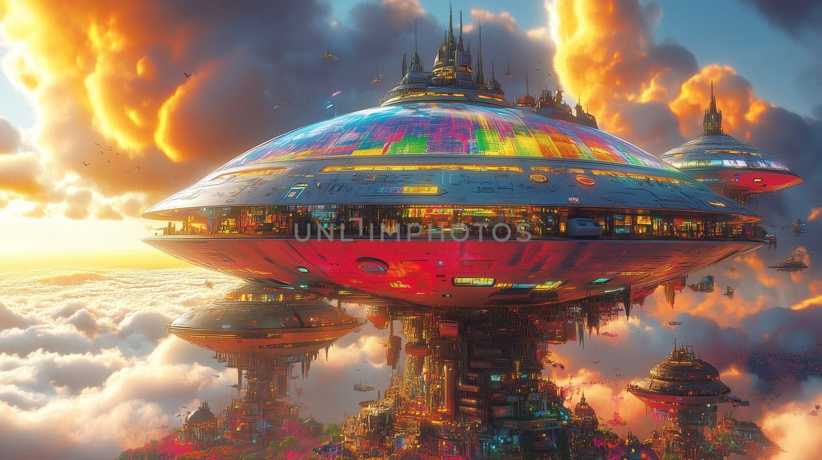 A stunning futuristic city floats among the clouds, featuring vibrant colors and unique architectural designs. The sunset casts a warm glow, enhancing the surreal atmosphere.