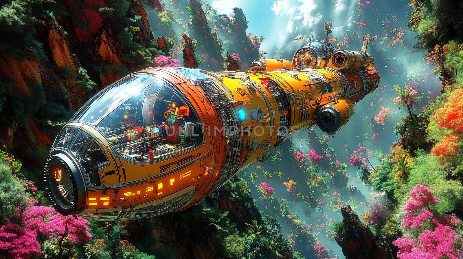 A sleek submarine navigates through a stunning underwater environment filled with vibrant, colorful plant life and dramatic lighting. The area showcases a blend of fantasy and technology.