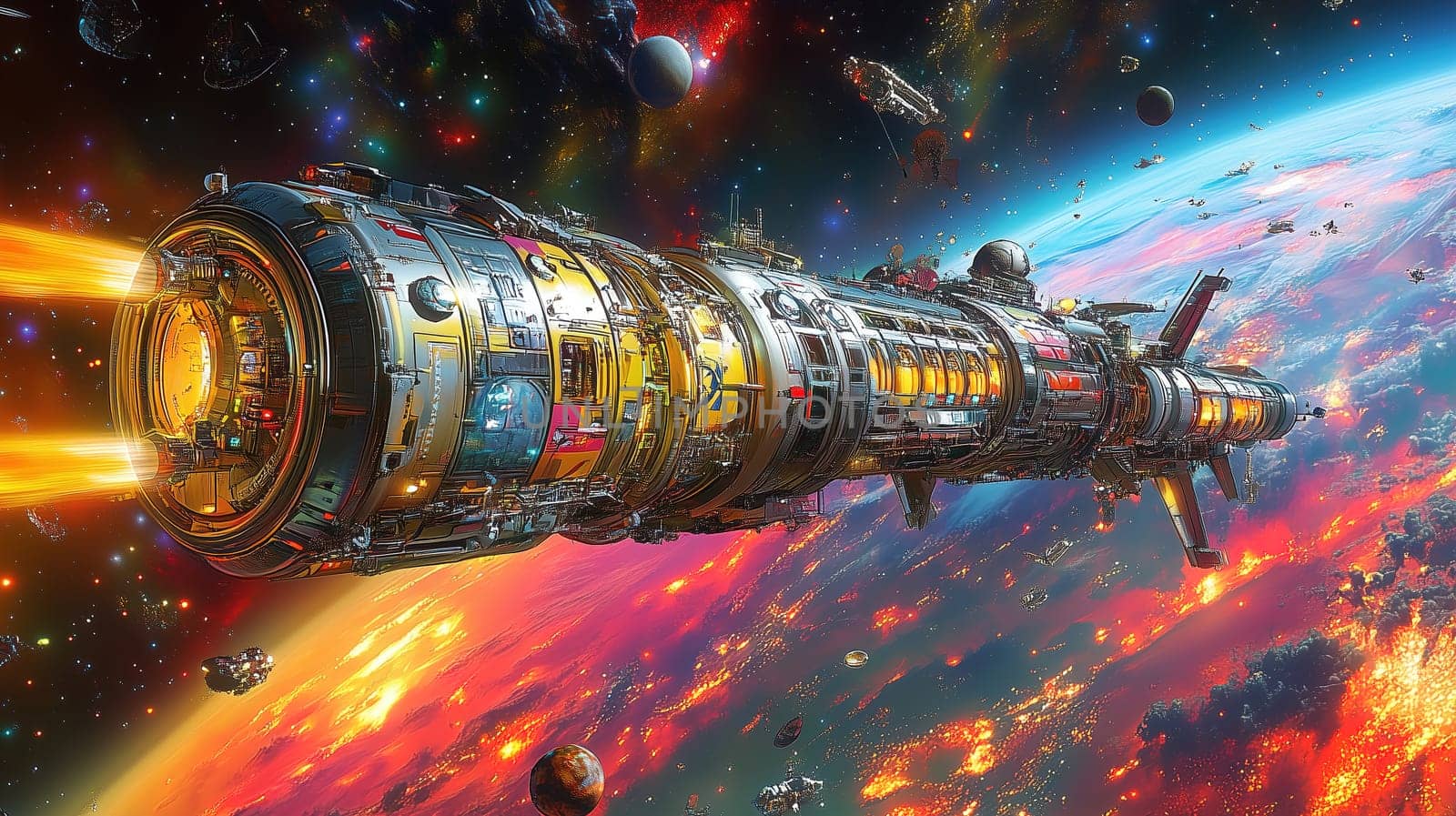 A futuristic space vessel travels through a vivid cosmic expanse, surrounded by colorful planets and distant stars. The ship emits bright propulsion flames as it explores the galaxy.