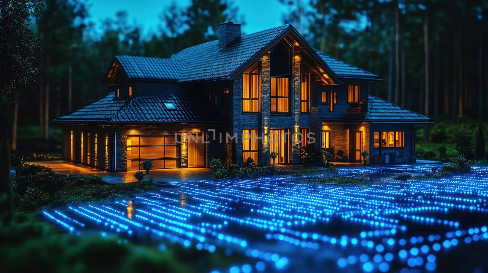 A stunning modern house shines brightly at night, with warm lights glowing from its windows. Surrounding the property is a garden adorned with vibrant blue lights, set against a tranquil forest.