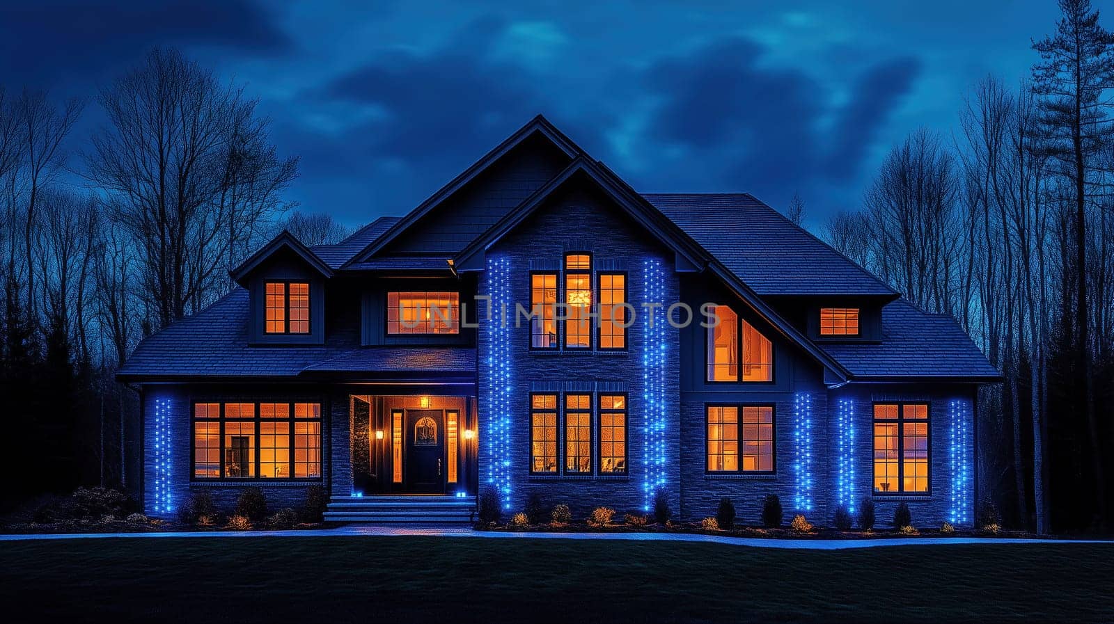 A striking modern house shines with blue lights as dusk settles, creating a cozy atmosphere. Warm yellow light spills from the windows, enhancing the inviting ambiance.