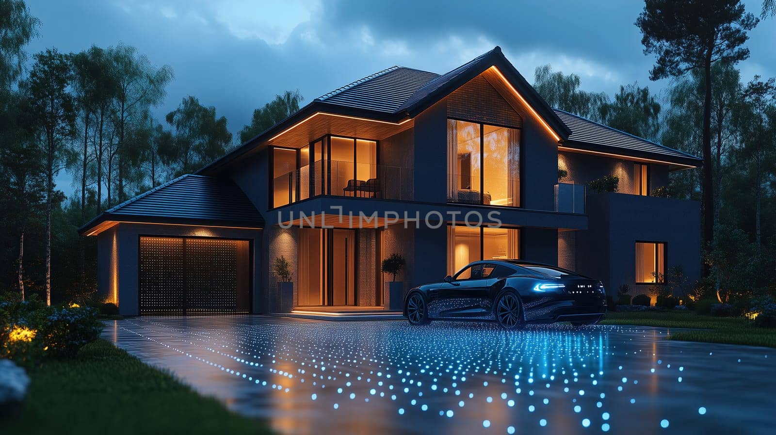 A contemporary house stands majestically at night, with warm lights glowing from its windows. A stylish car is parked on a driveway featuring luminous patterns, surrounded by trees.