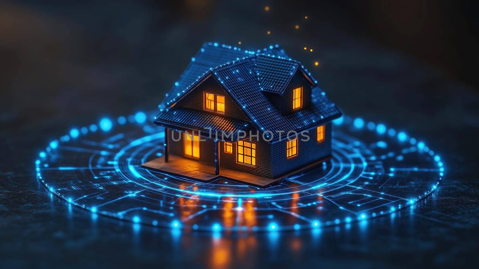 A miniature house adorned with glowing windows and holographic effects represents a blend of modern technology and home comfort at night, showcasing the evolution of smart living.
