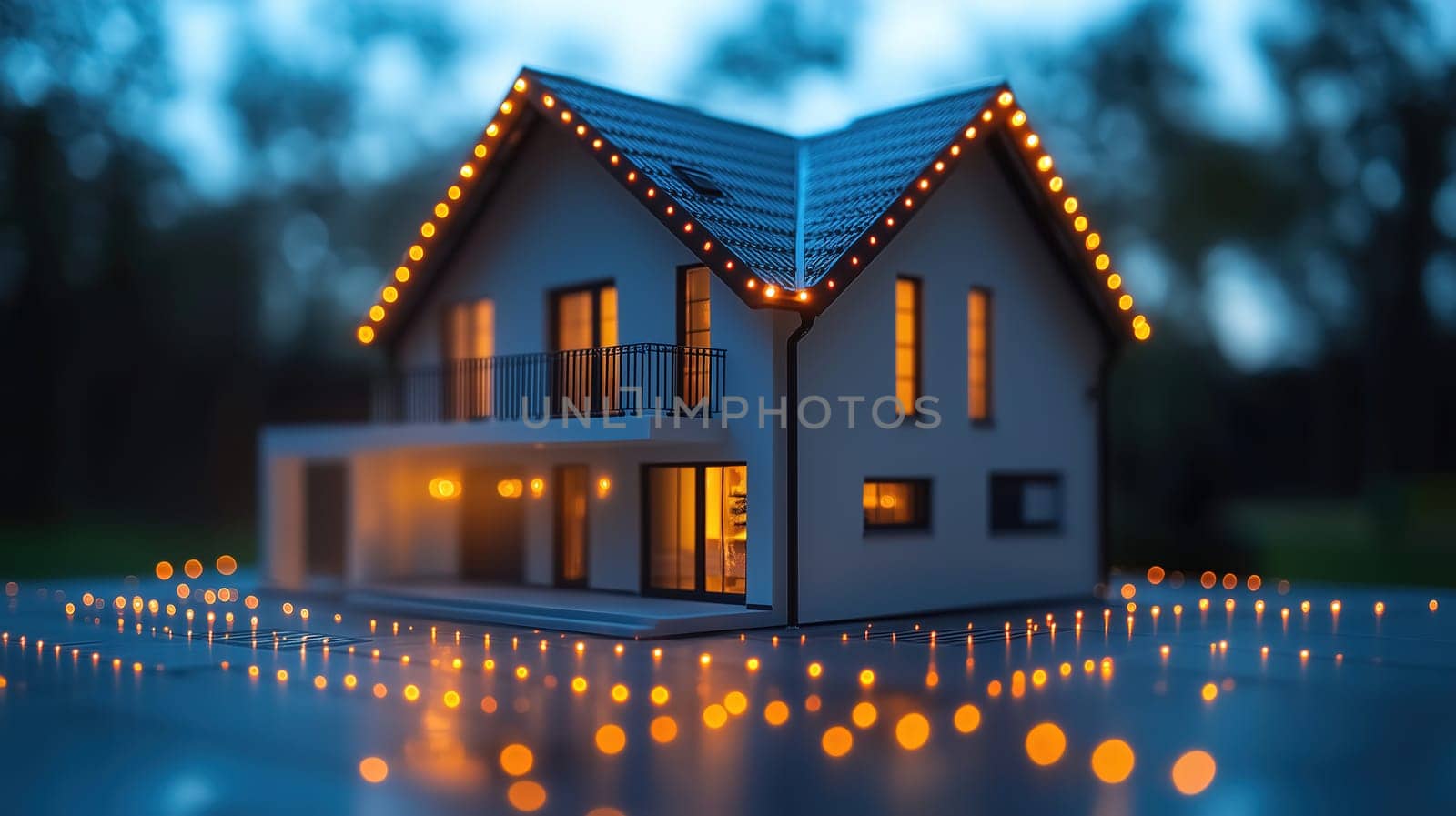 A stylish modern house is beautifully decorated with warm lights, creating a welcoming atmosphere. The twilight sky adds to the charm, enhancing the peaceful outdoor surroundings.