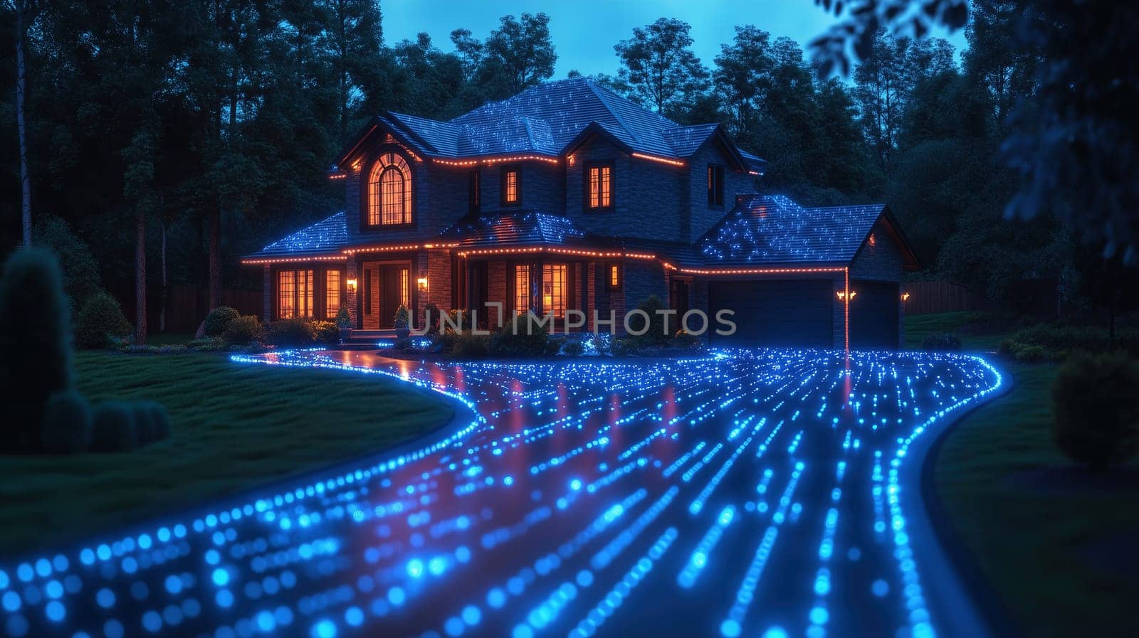 A modern house featuring beautiful blue LED lights along the driveway. The warm glow from the windows creates a cozy ambiance in the quiet wooded surroundings at twilight.