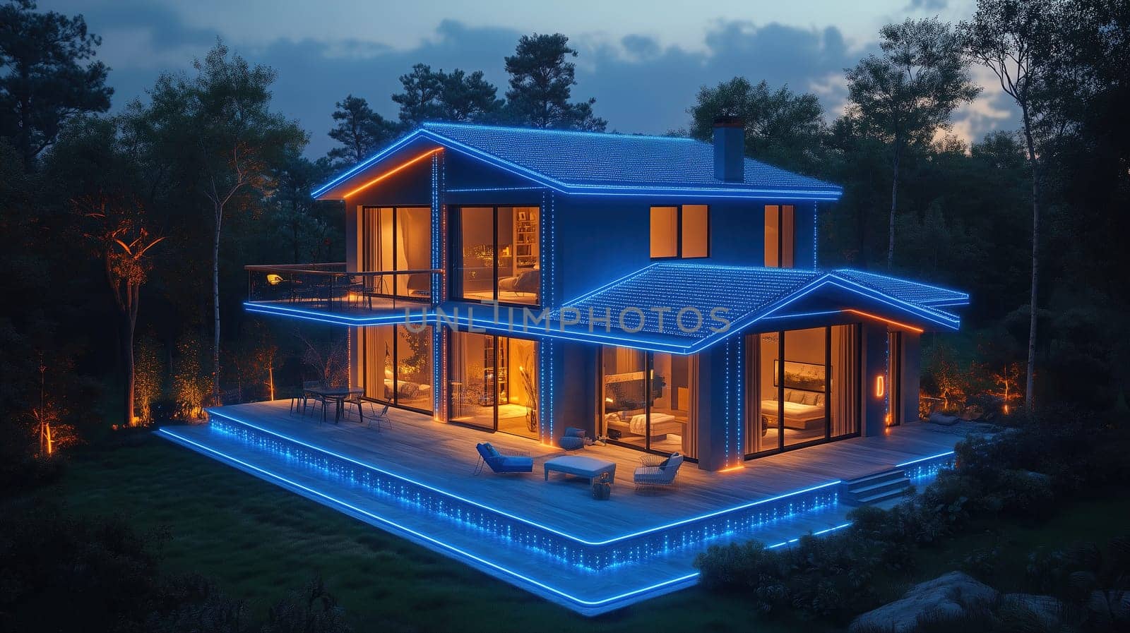 A contemporary two-story house is illuminated with vibrant blue LED lights, creating a striking contrast against the twilight sky and surrounding forest.