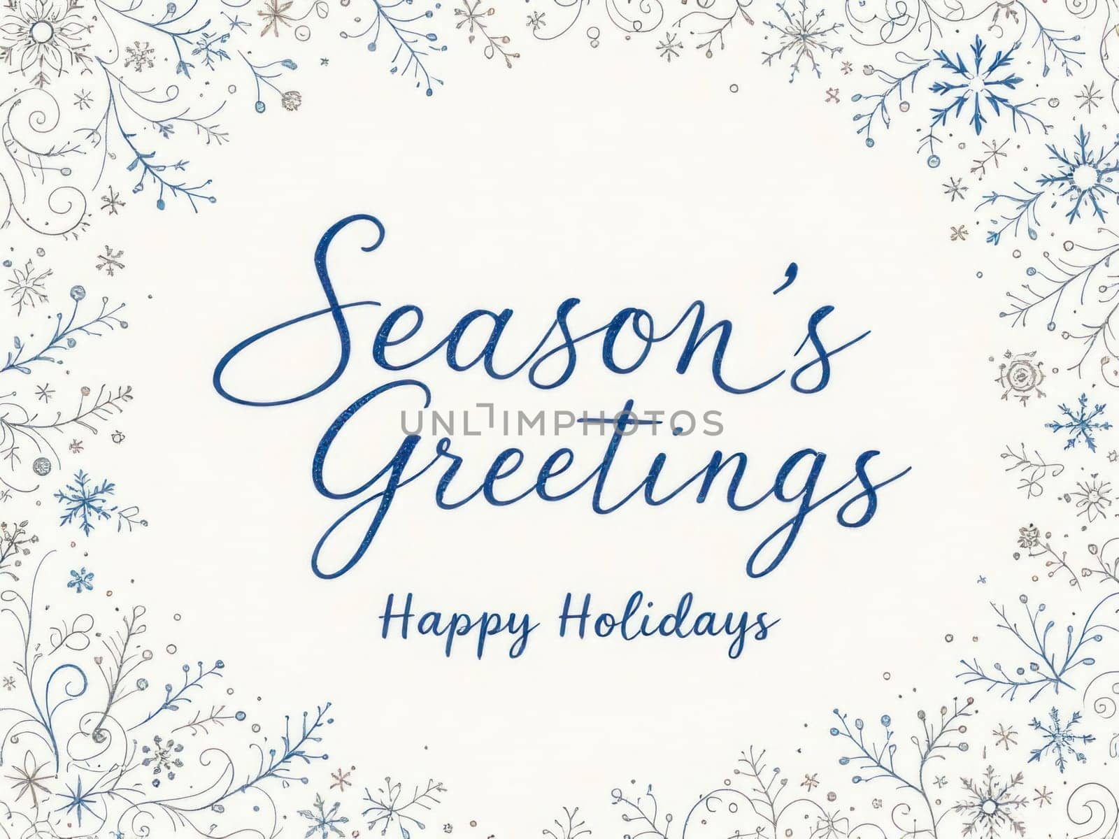 Festive design featuring season's greetings message, snowflakes, and elegant flourishes, perfect for holiday greetings