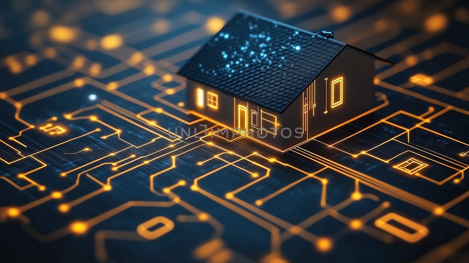 A small house model sits on a circuit board background illuminated with bright lines. The scene depicts a futuristic vision of smart technology at night, highlighting innovation in home design.