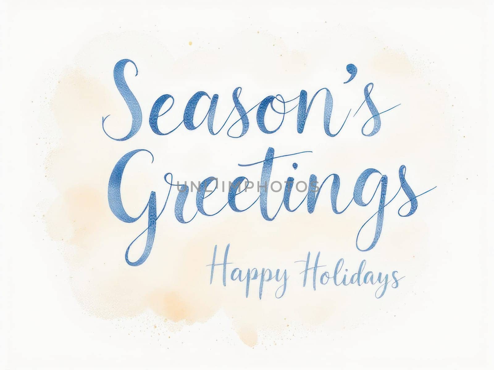 Elegant blue season's greetings with happy holidays message over a beige watercolor background