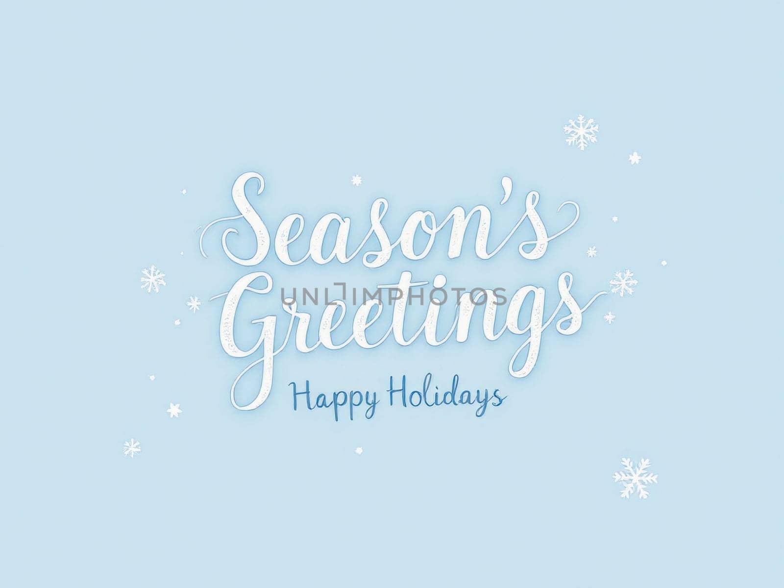 Elegant white season's greetings and happy holidays lettering with snowflakes on a pastel blue background evokes the spirit of winter celebrations