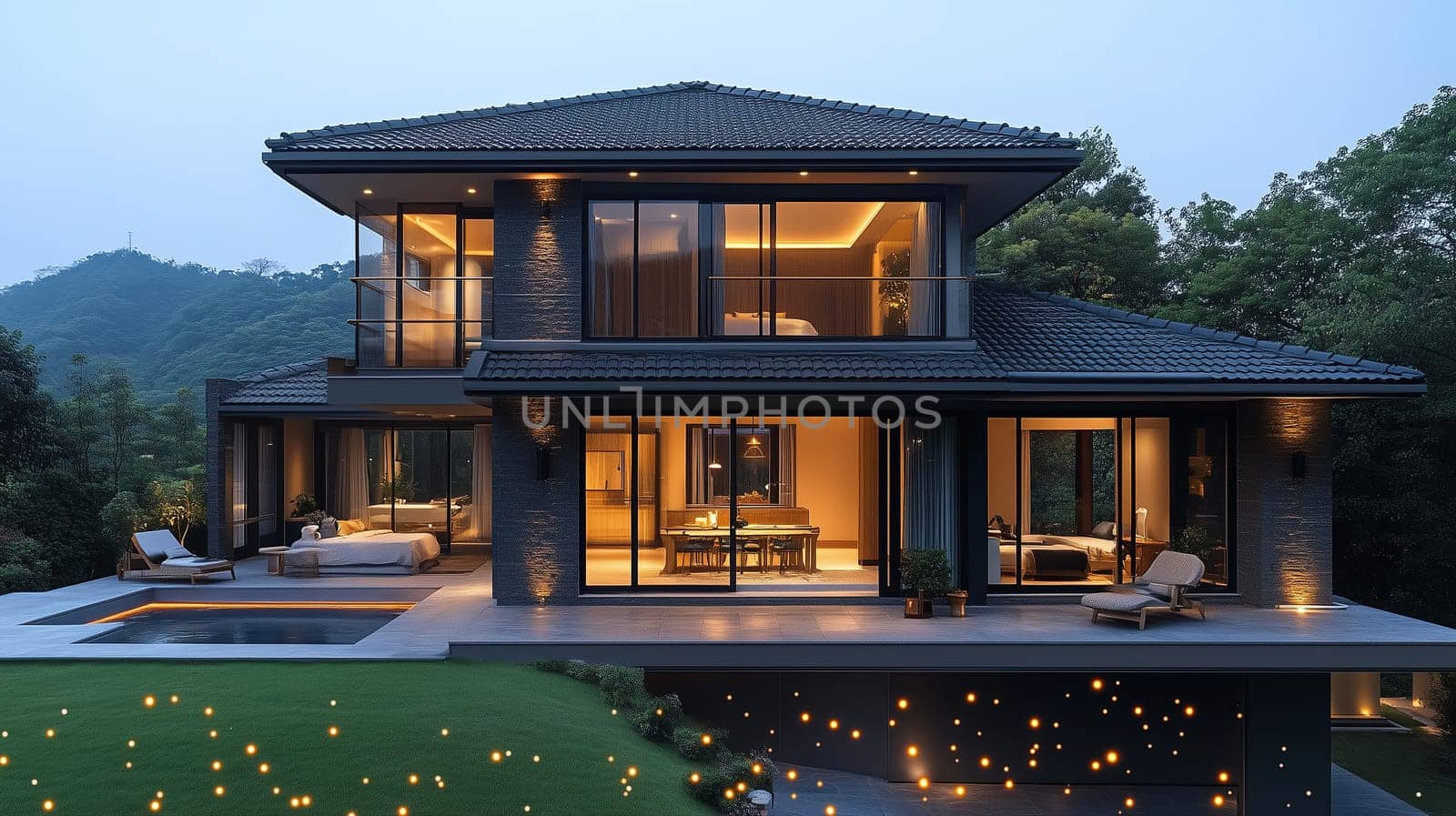 A contemporary home features large glass windows surrounded by lush greenery, inviting outdoor seating, and a serene pool area as evening falls.