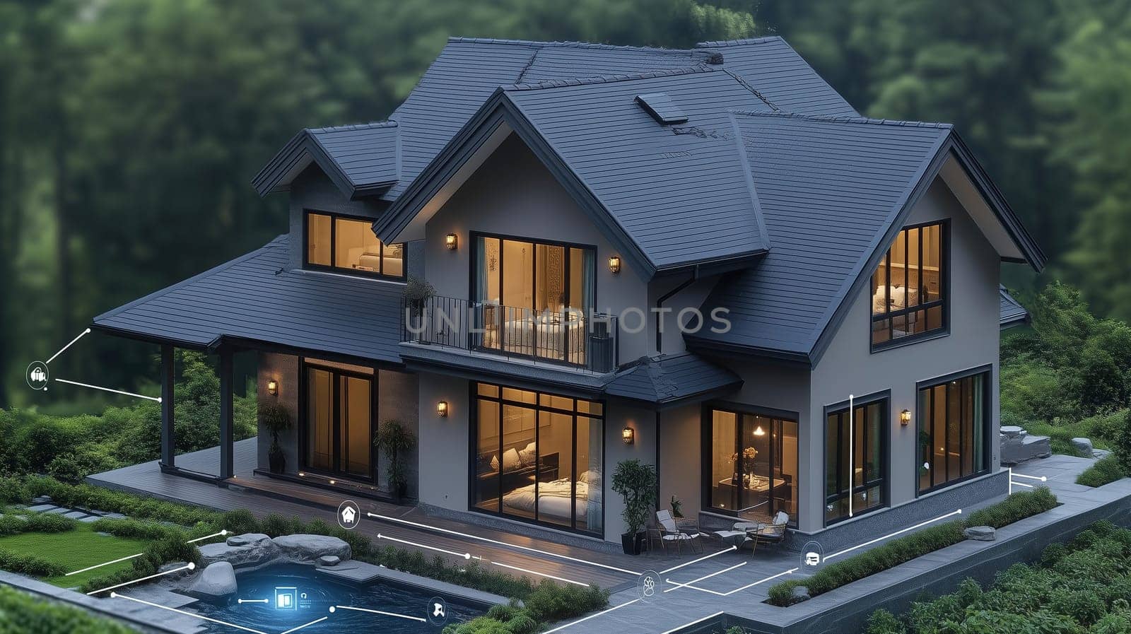 This modern house features expansive windows and sleek architecture, set in a lush green landscape during twilight, showcasing its smart technology elements.