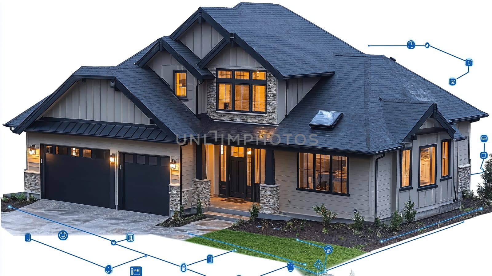 This modern house features a blend of elegant architecture and inviting landscaping. Outdoor lighting highlights the home's design in a picturesque suburban neighborhood at dusk.