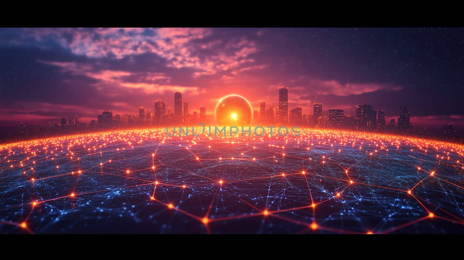 A vibrant sunset casts a warm glow over a city skyline, while intricate networks of glowing connections spread across the foreground, depicting a digital world intertwined with reality.