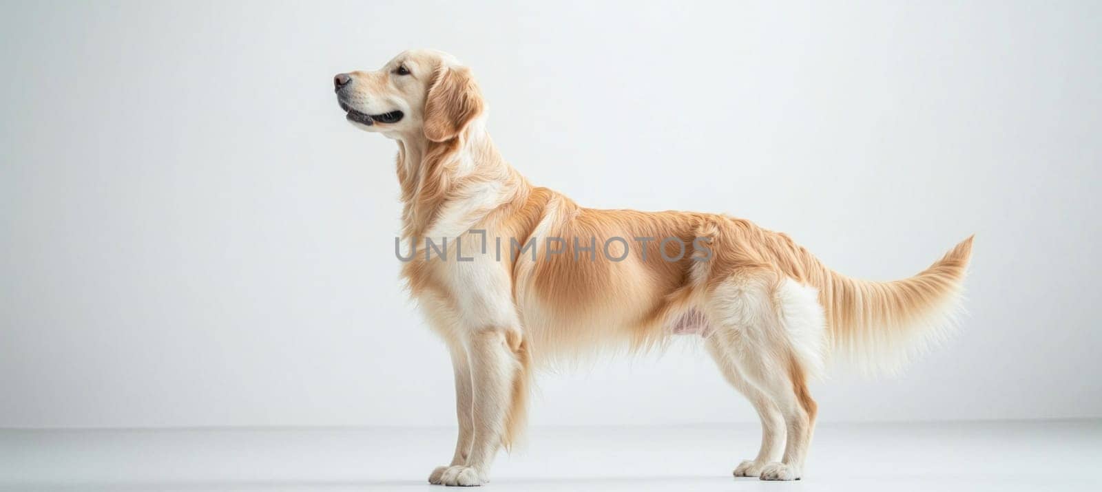 Golden retriever standing on a white background in a photography studio, looking up