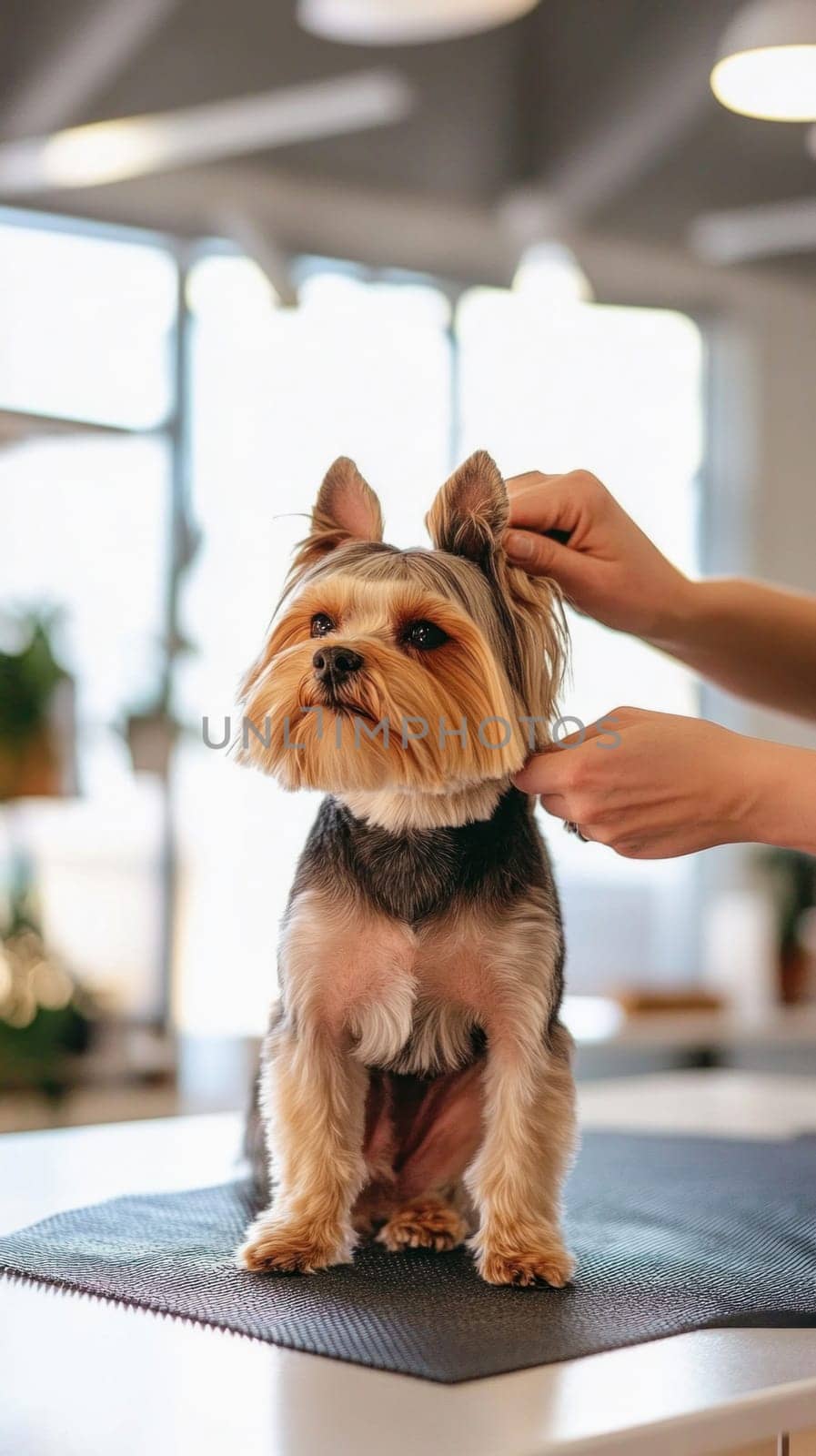 Professional groomer fixing yorkshire terrier dog's ears in a modern pet grooming salon