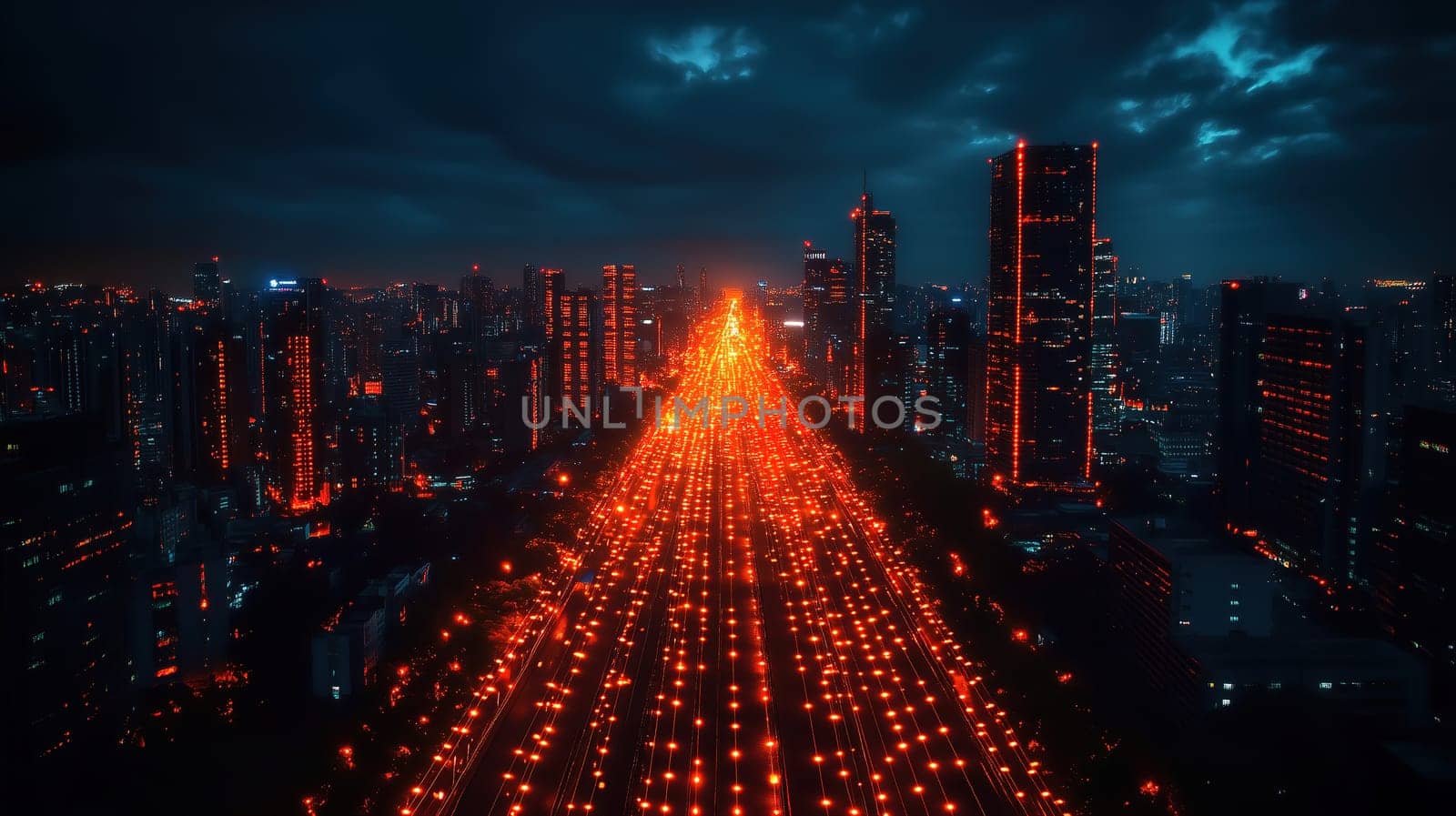 A dramatic view of a bustling city at night, featuring towering skyscrapers adorned with bright lights that create a vivid path through the urban landscape under cloudy skies.