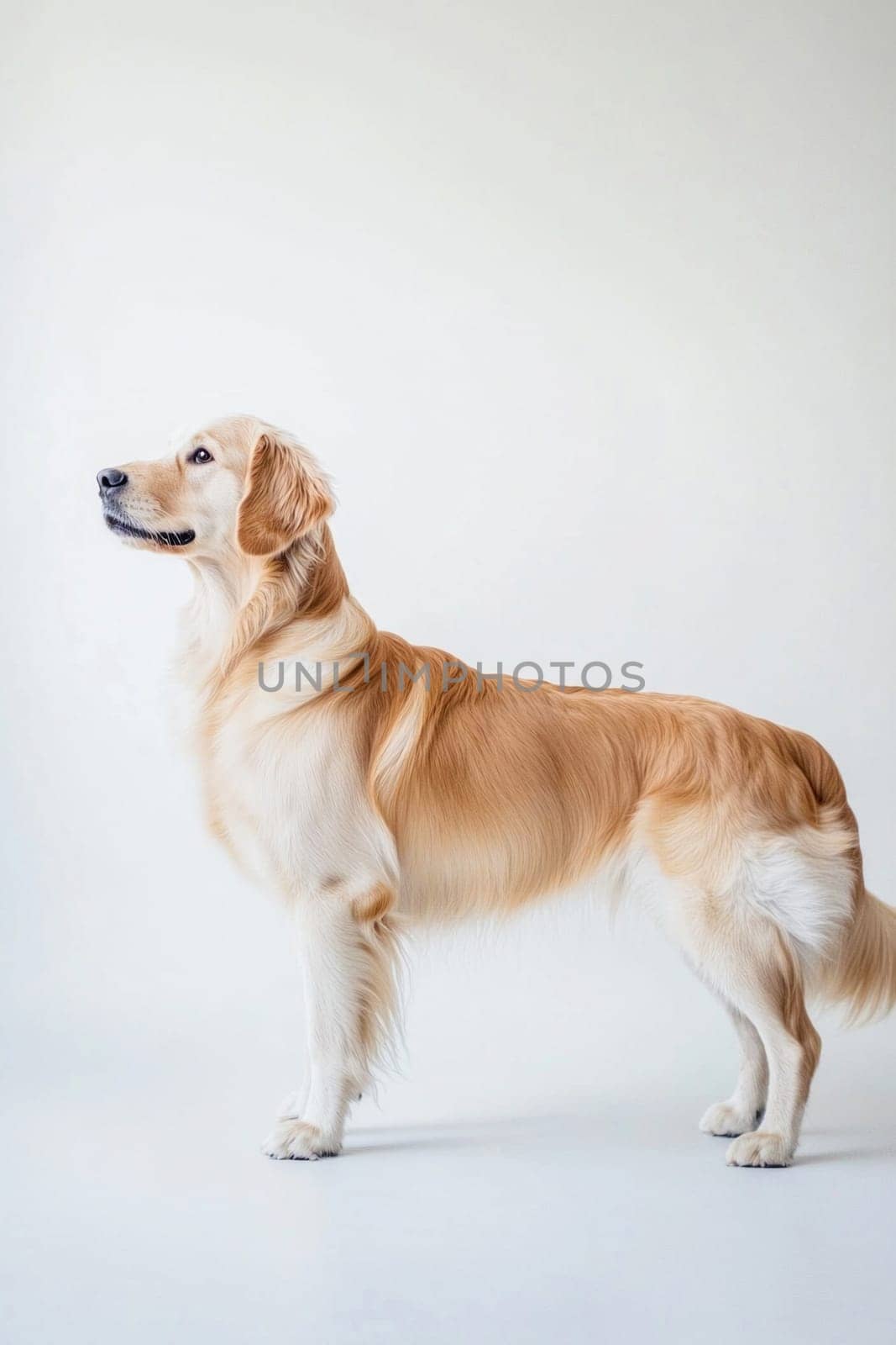 Golden retriever standing on a white background looking up with copy space
