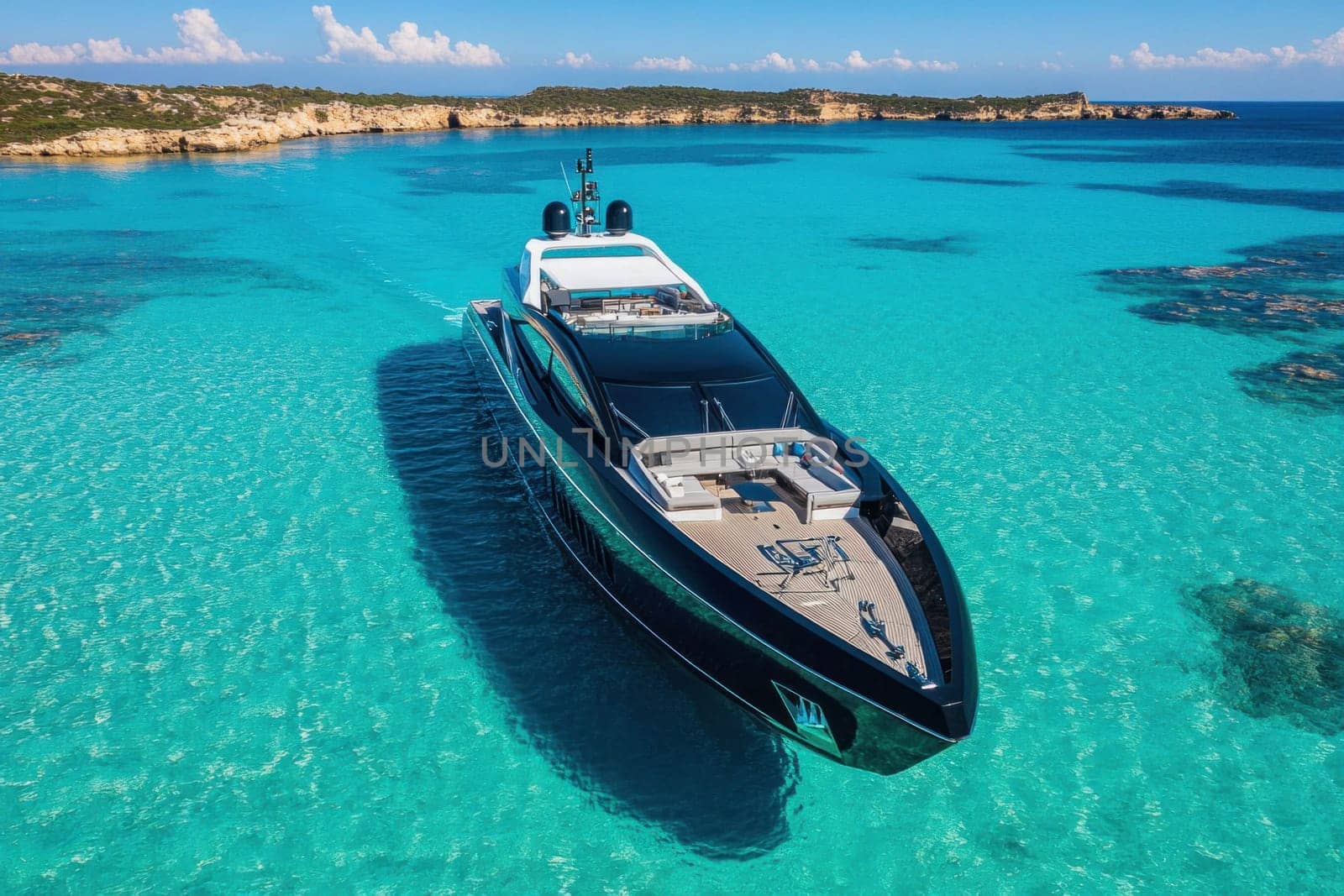 Modern yacht sailing on crystal clear turquoise water near a beautiful tropical island