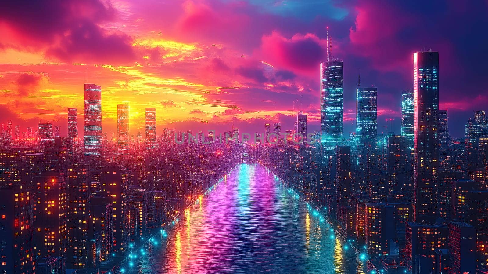 A stunning city skyline glows under a vibrant sunset, with colors reflecting on the water. Skyscrapers illuminate the scene as night approaches, creating a breathtaking urban atmosphere.