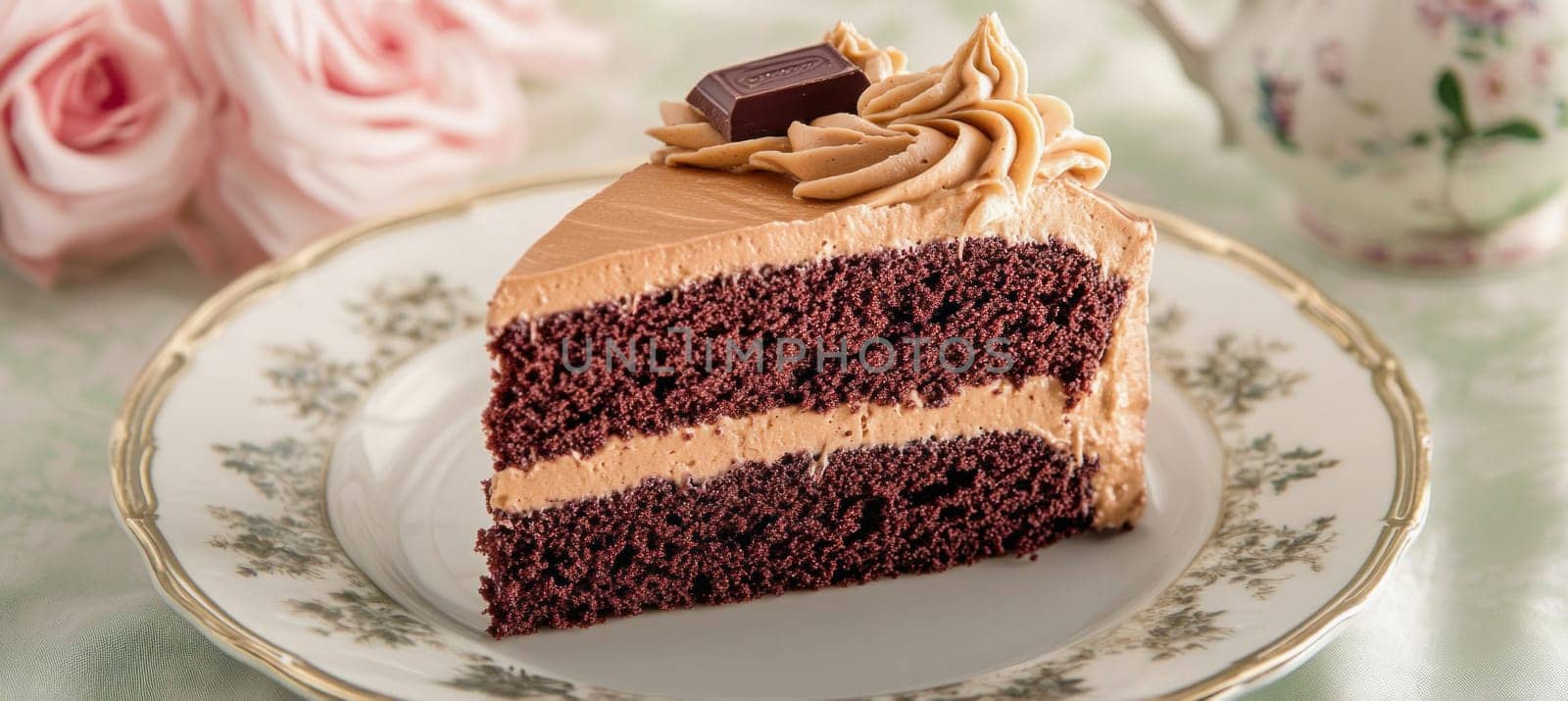Chocolate cake slice with chocolate topping and swirl presented on elegant plate, perfect for birthday, anniversary, or any special occasion