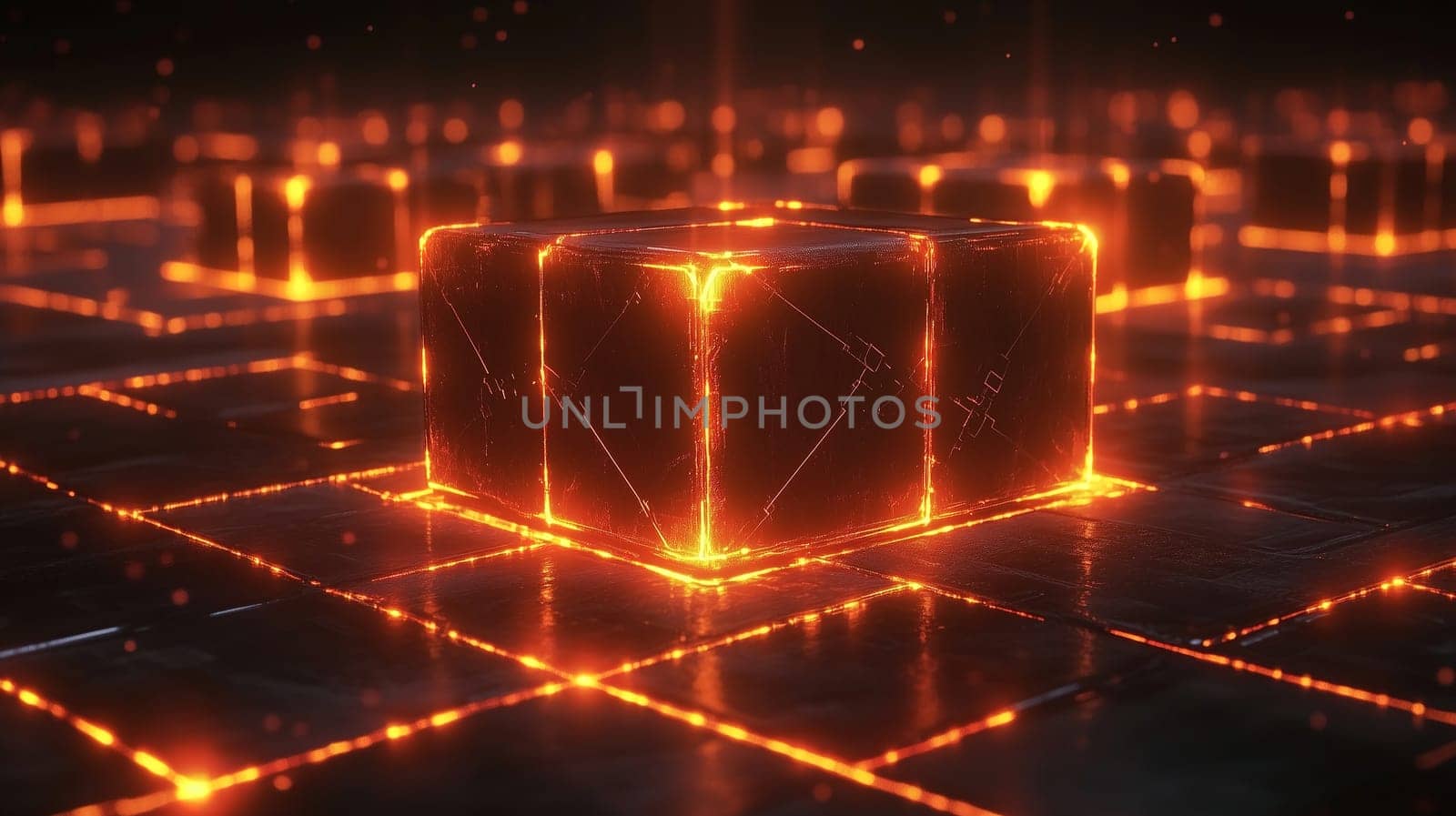 A vibrant display of glowing cubes is arranged in a grid formation against a dark background, showcasing an engaging interplay of light and technology. The glowing edges create a striking effect.