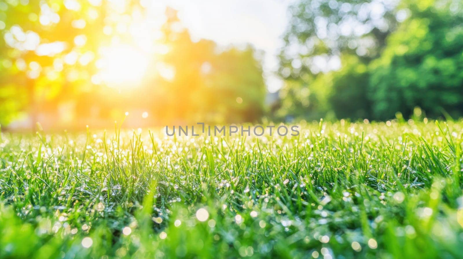 Vibrant green grass blades glistening with dew drops in the warm morning sunlight, creating a refreshing natural scene
