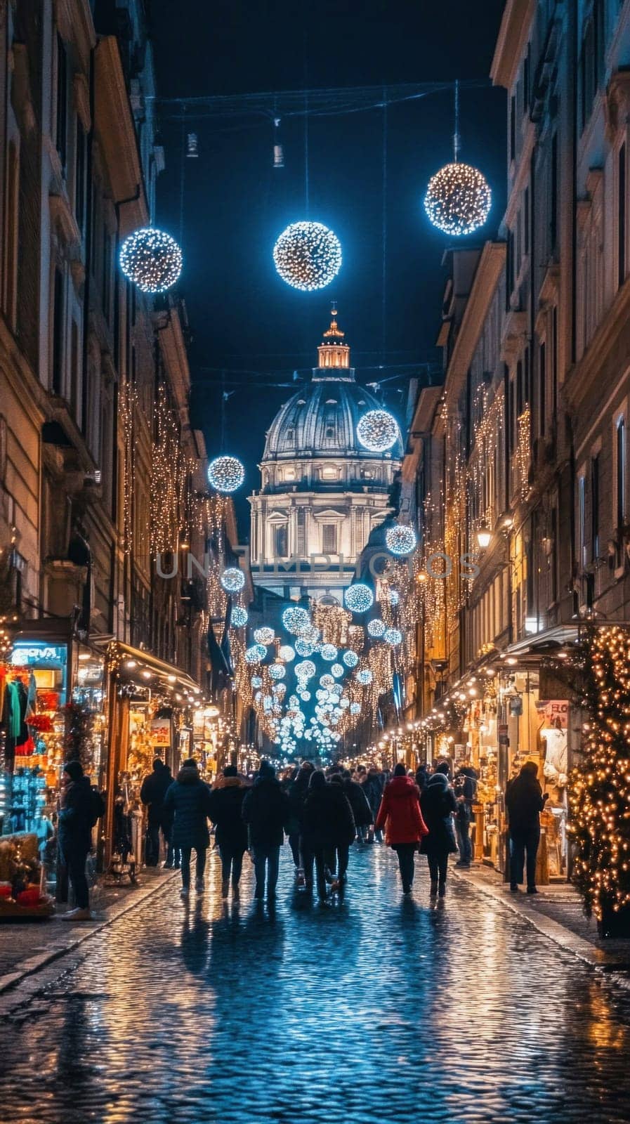 People walking down via dei condotti in rome at christmas time, with st. Peter's basilica in the background