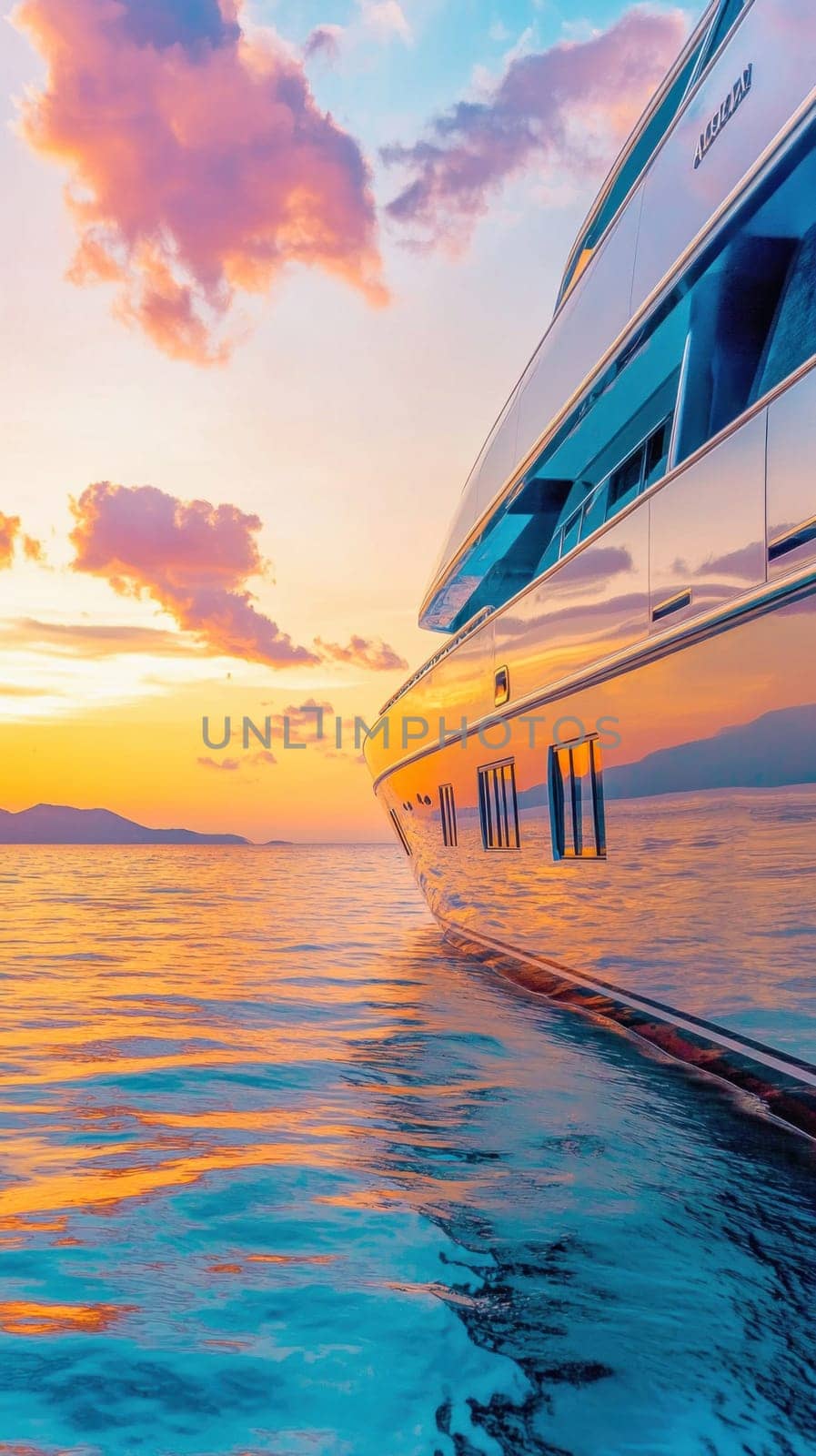 Modern yacht sailing towards sunset, reflecting the warm colors of golden hour on the calm sea