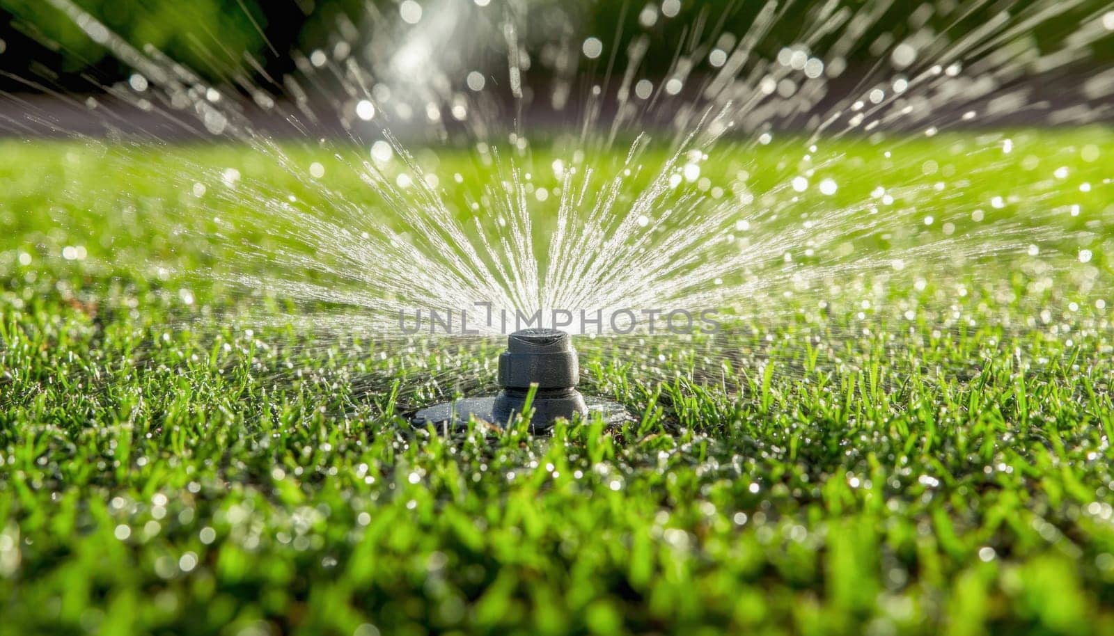 Automatic sprinkler watering green grass in garden during summer