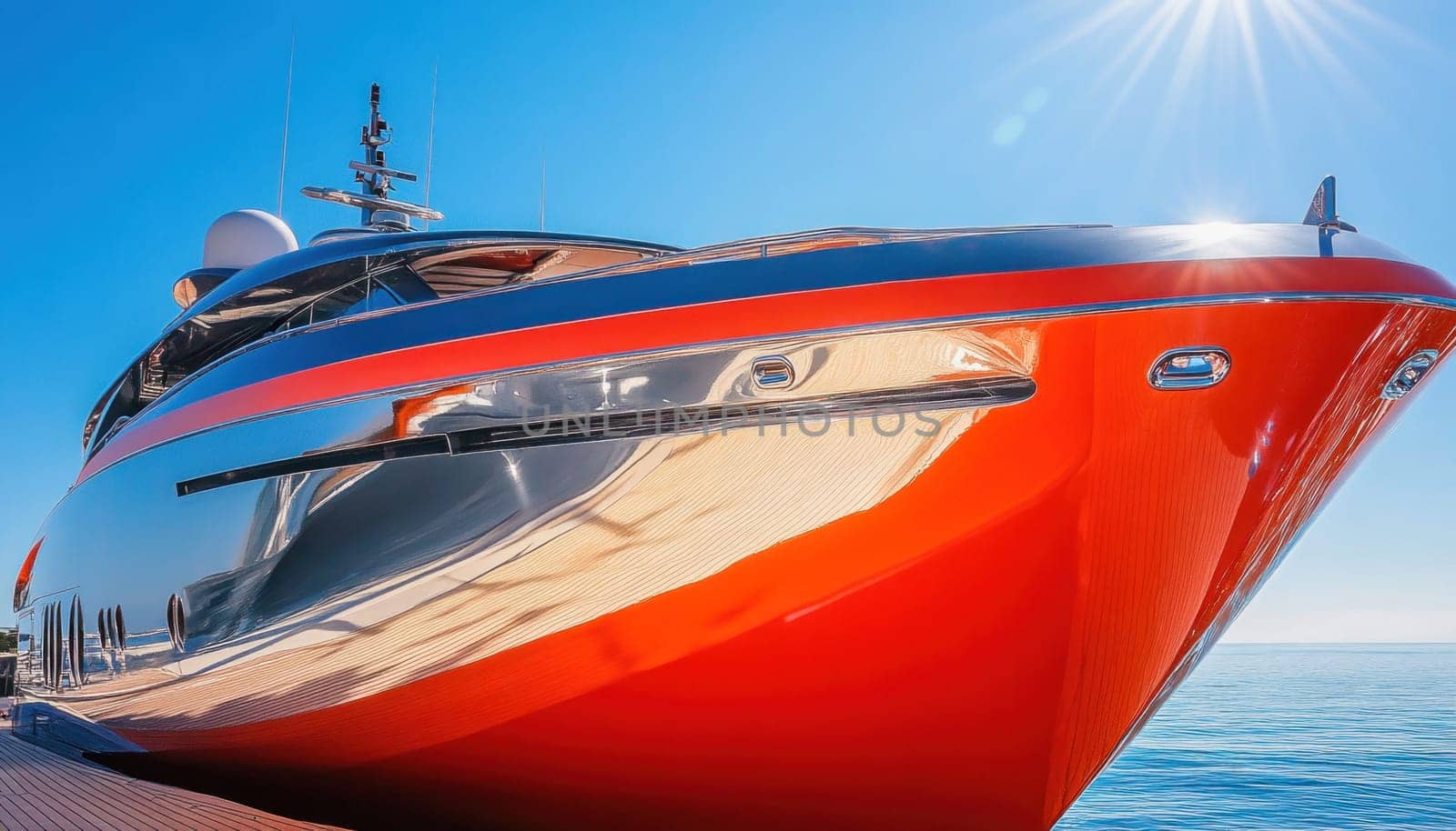 Red and gray luxury yacht reflecting sunlight, moored at a pier on a bright sunny day