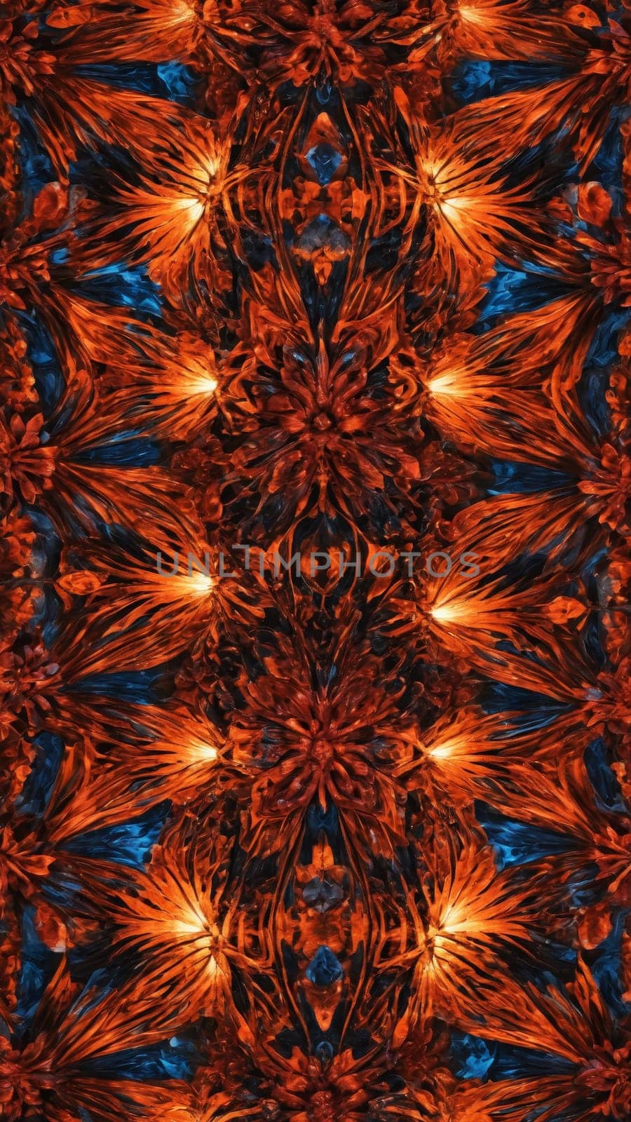 Intricate patterns resembling glowing flowers create a captivating display, set against a rich blue backdrop. The vibrant colors evoke a sense of warmth and creativity, inviting admiration.