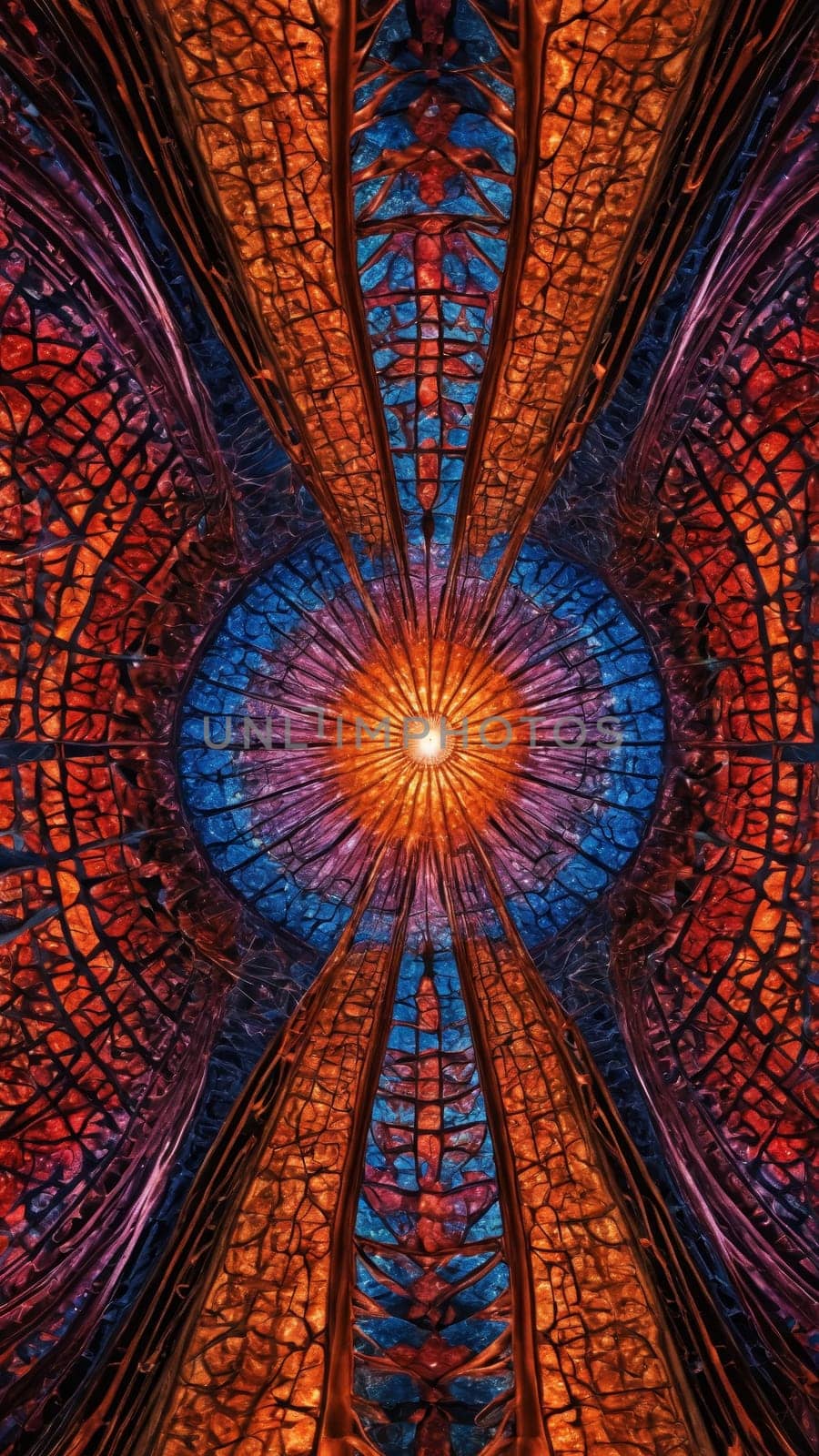 A mesmerizing blend of vivid colors draws the eye toward a radiant core, creating an enchanting atmosphere. The intricate patterns evoke a sense of depth and movement within a surreal landscape.