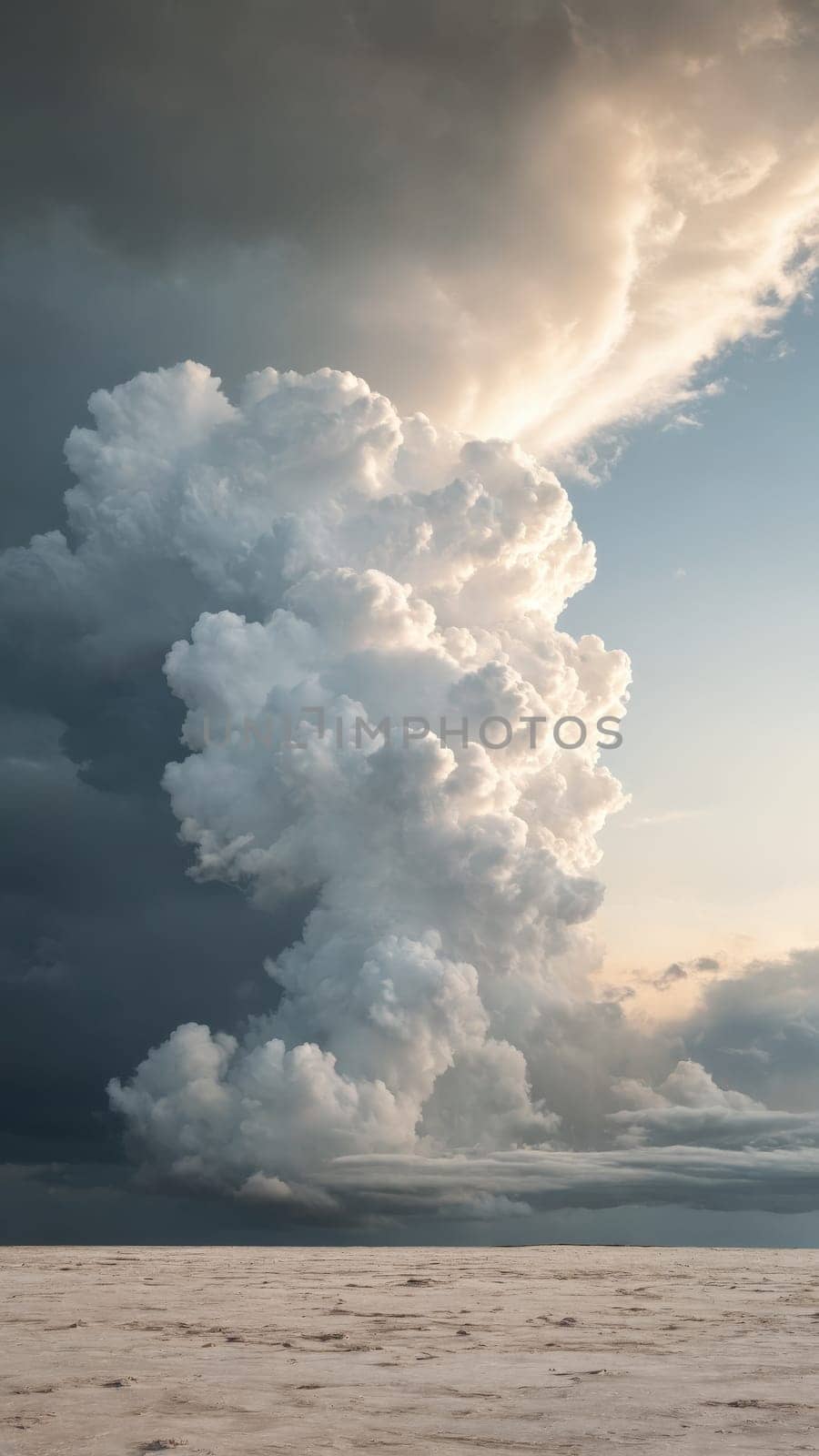 A breathtaking display of towering clouds forms a dramatic silhouette against the setting sun, casting soft light across the sky. The tranquil atmosphere invites awe and contemplation.