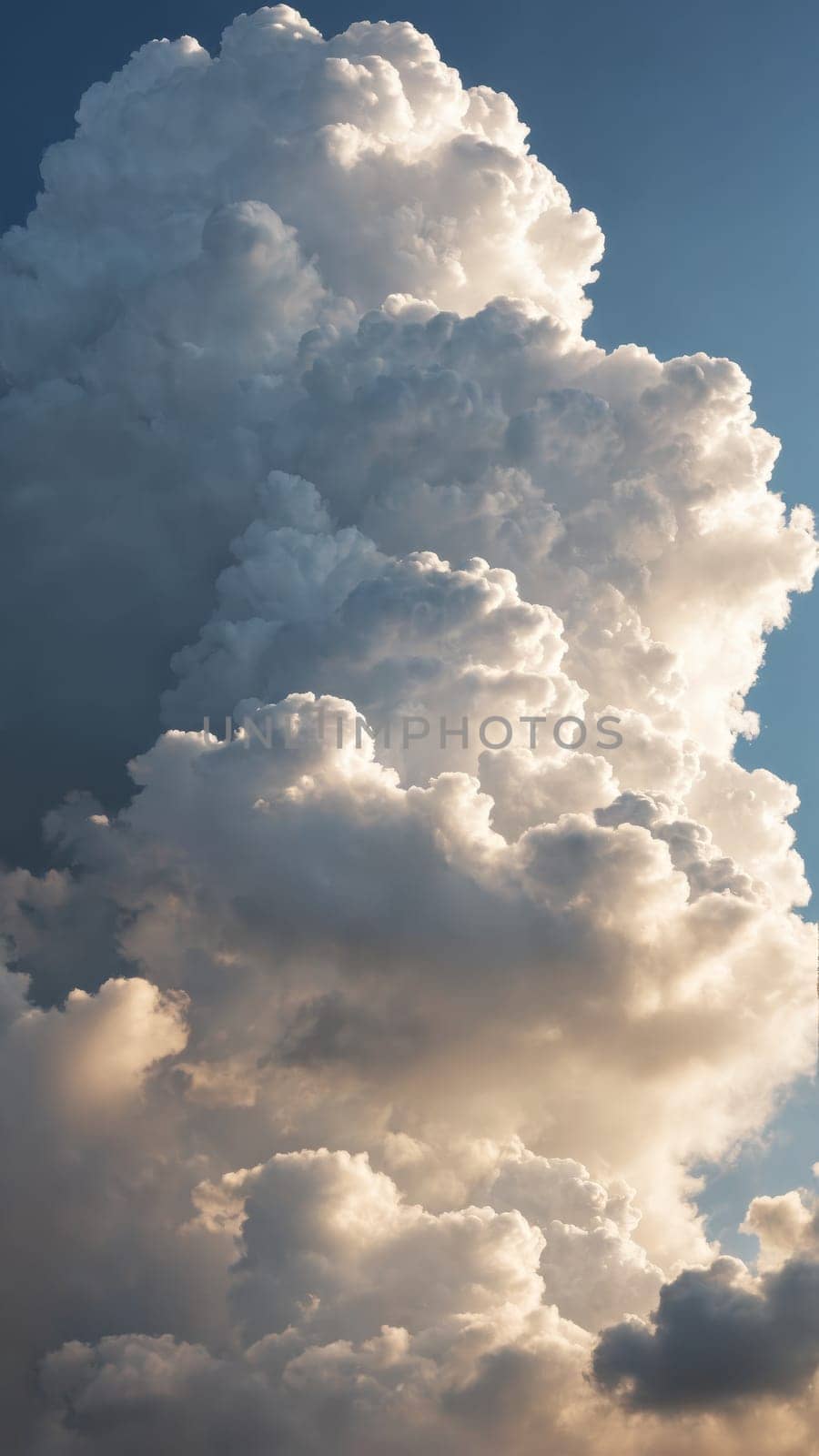 A magnificent display of clouds rises dramatically toward the sky, their fluffy edges illuminated by the warm hues of sunset, creating a captivating and ethereal atmosphere.
