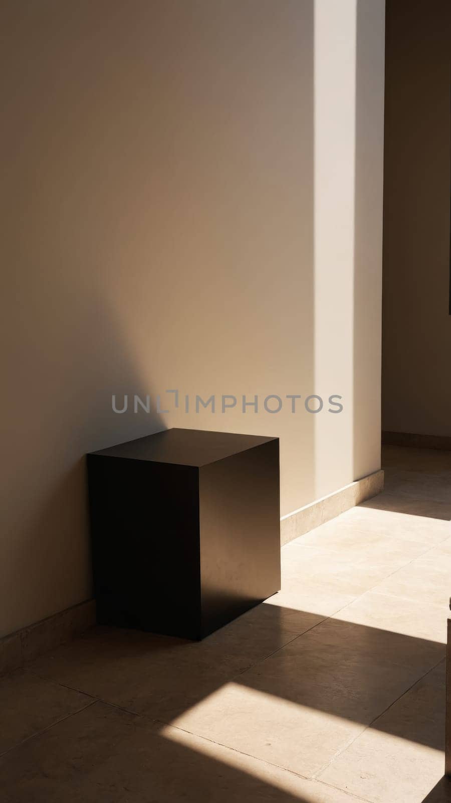 In a contemporary space, a black cube stands in the corner, highlighted by soft afternoon light streaming through.