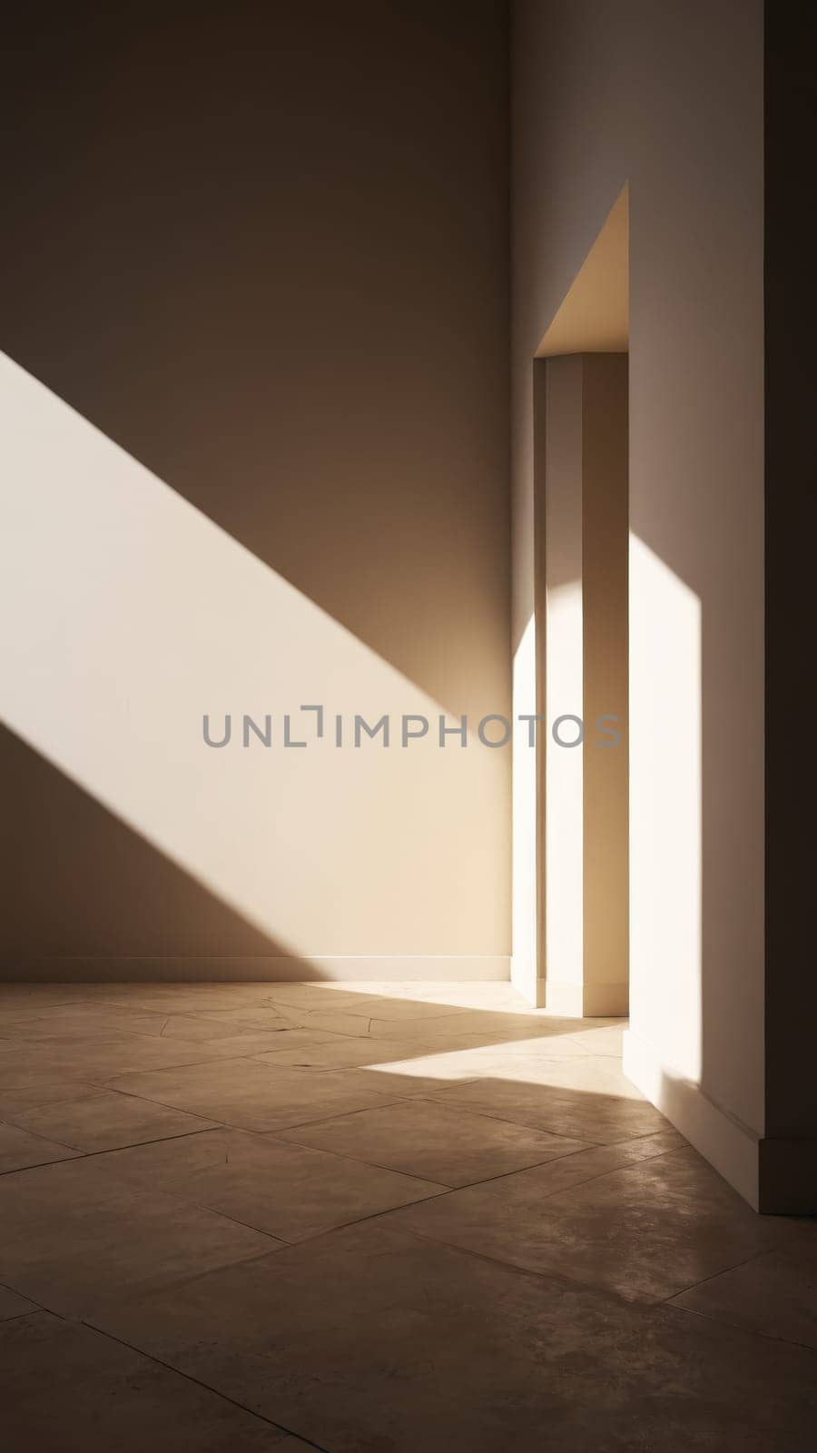 Bright sunlight illuminates a minimalist room, creating bold, angular shadows that enhance the peaceful ambiance, inviting tranquility and reflection in this calming environment.