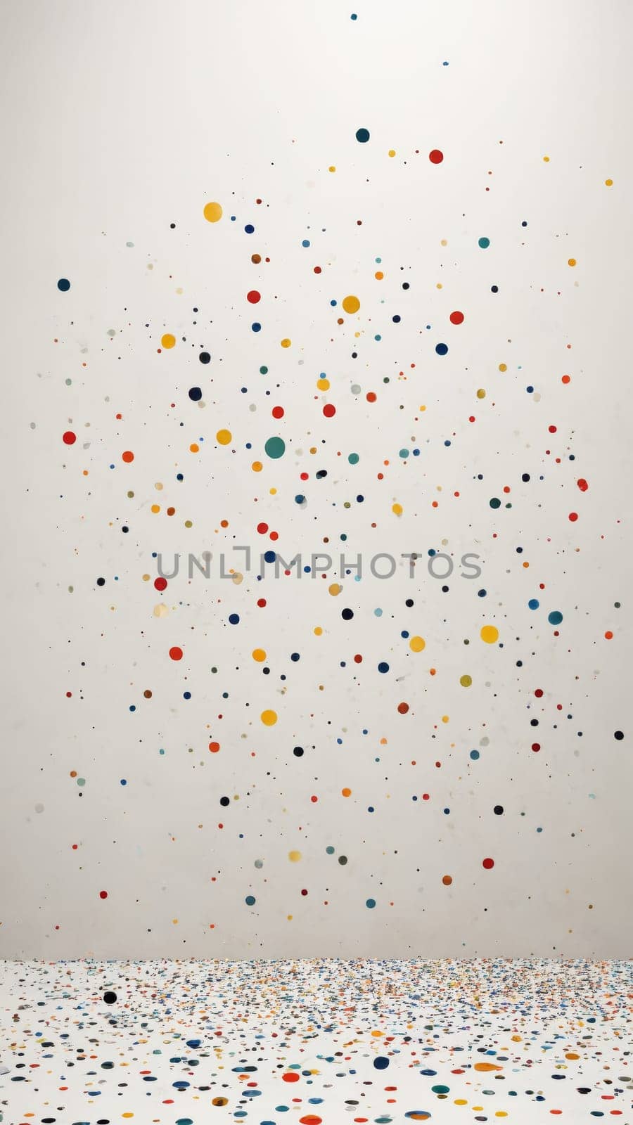 Brightly colored polka dots of varying sizes dance across a wall and floor, creating a playful and whimsical atmosphere in a minimalist art installation that invites creativity and imagination.