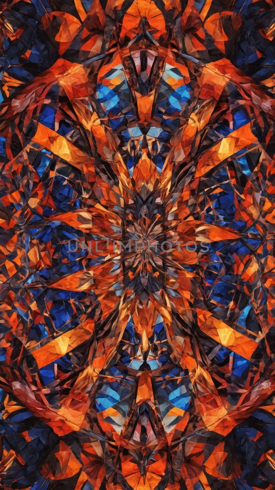 A striking arrangement of warm hues and deep blues entwines to form a captivating abstract pattern, reflecting the beauty of nature's colors. This artwork invites exploration of its intricate details.